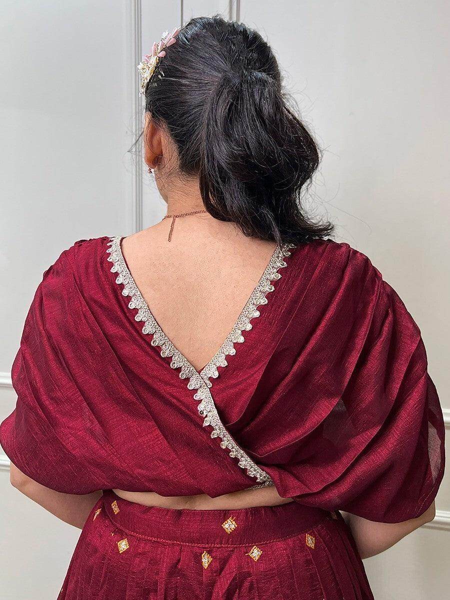 Excellent Maroon Embroidered Silk Wedding Wear Crop Top Lehenga - Zeel Clothing