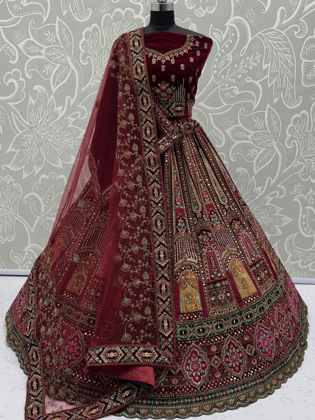 Excellent Maroon Zircon Work Velvet Bridal Lehenga Choli With Double Dupatta