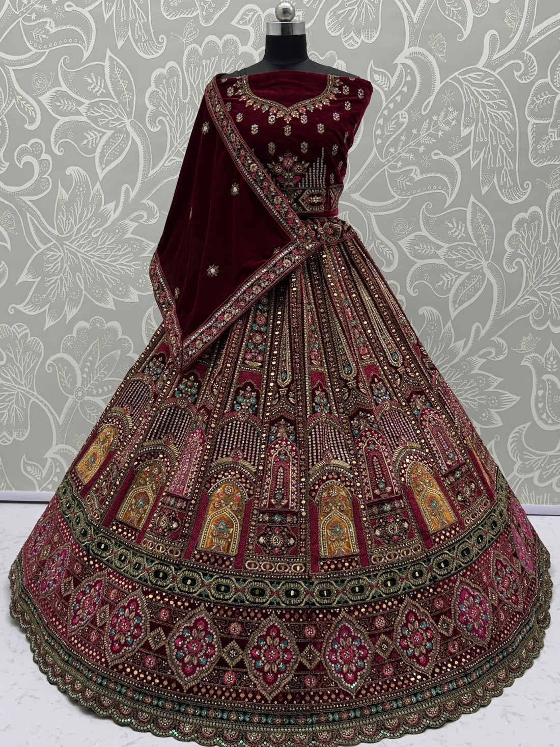 Excellent Maroon Zircon Work Velvet Bridal Lehenga Choli With Double Dupatta