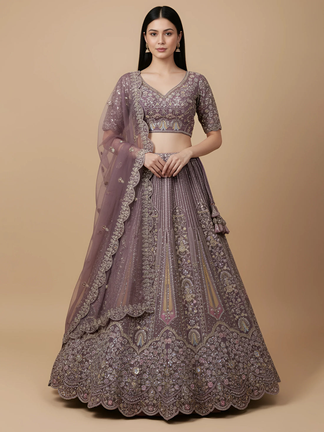 Excellent Mauve Thread Embroidery Net Reception Wear Lehenga Choli With Dupatta