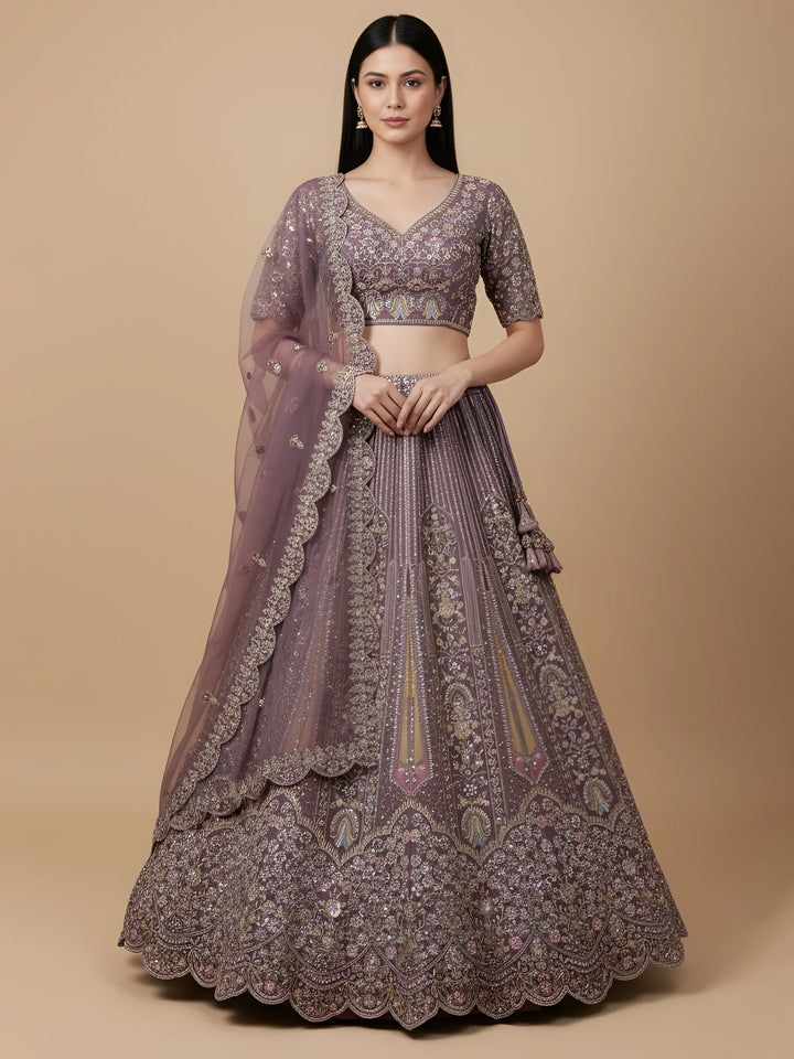 Excellent Mauve Thread Embroidery Net Reception Wear Lehenga Choli With Dupatta