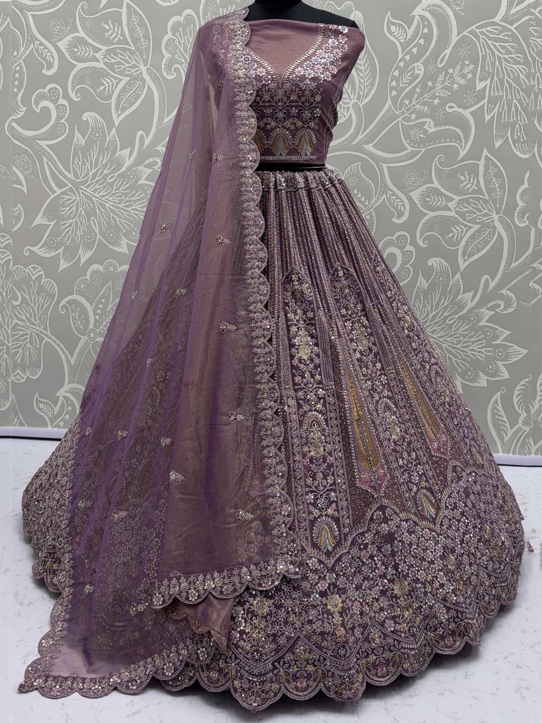 Excellent Mauve Thread Embroidery Net Reception Wear Lehenga Choli With Dupatta