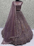 Excellent Mauve Thread Embroidery Net Reception Wear Lehenga Choli With Dupatta