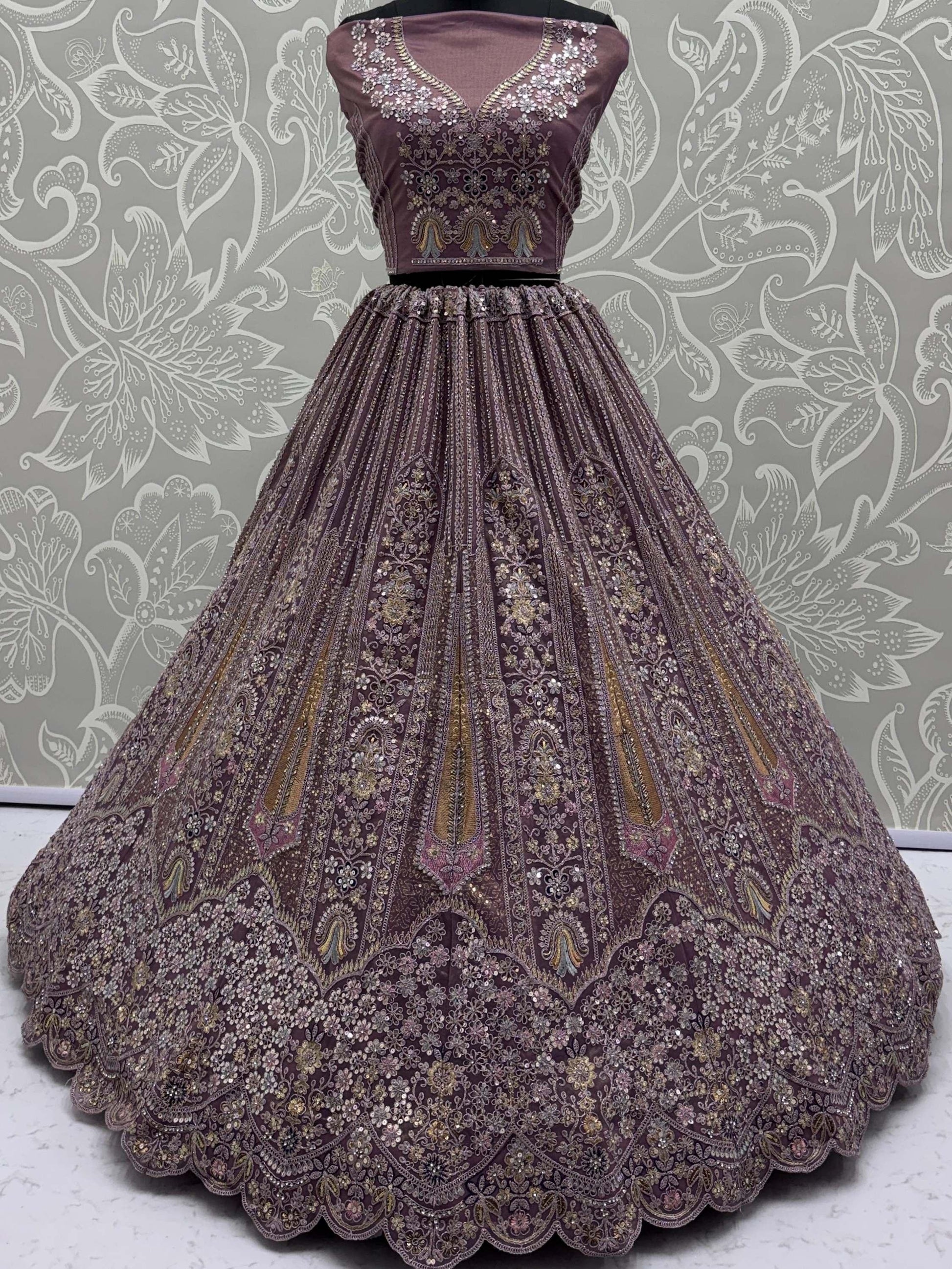 Excellent Mauve Thread Embroidery Net Reception Wear Lehenga Choli With Dupatta