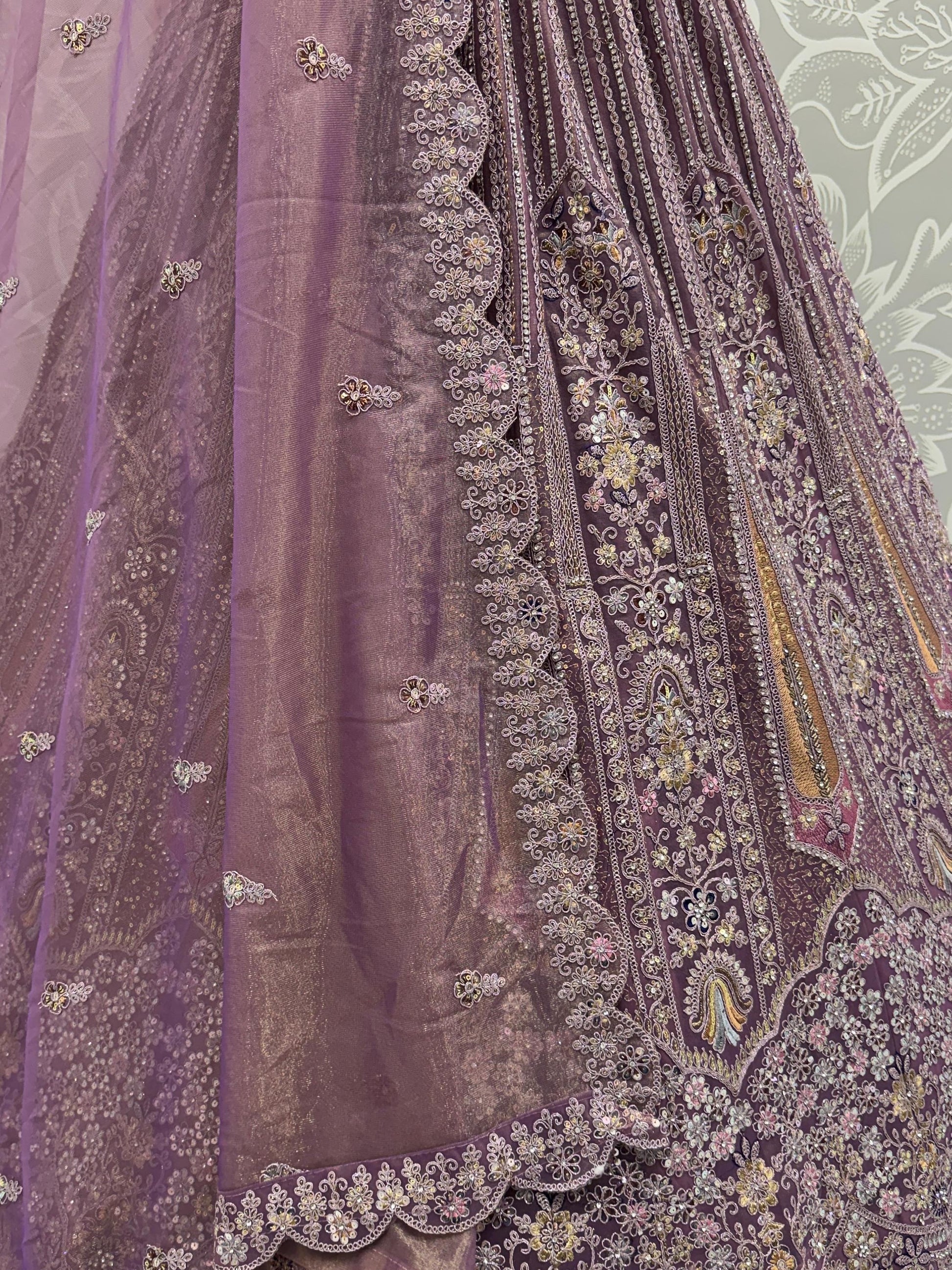 Excellent Mauve Thread Embroidery Net Reception Wear Lehenga Choli With Dupatta