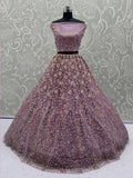 Excellent Mauve Zari Embroidery Net Reception Lehenga Choli With Dupatta