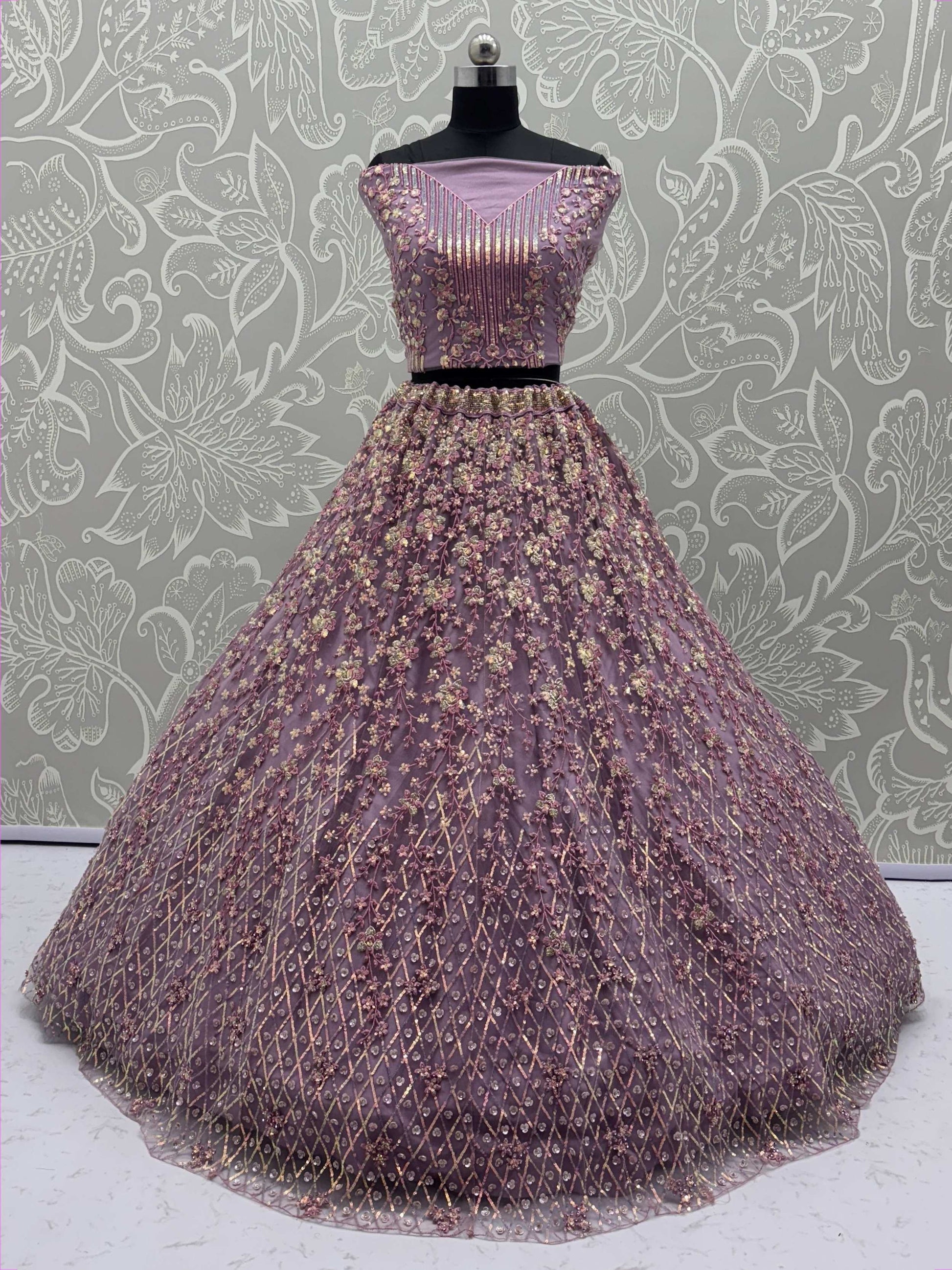 Excellent Mauve Zari Embroidery Net Reception Lehenga Choli With Dupatta