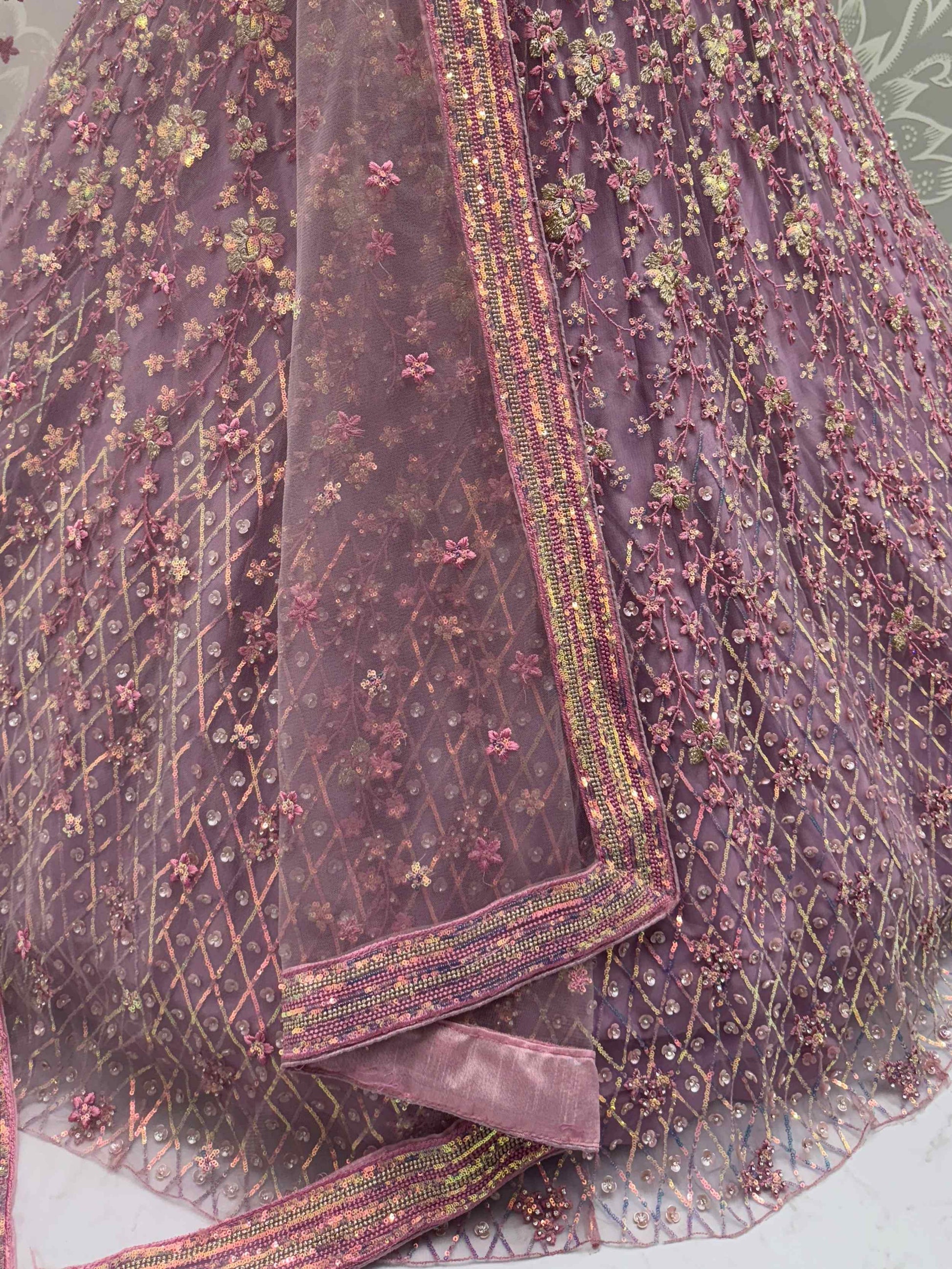 Excellent Mauve Zari Embroidery Net Reception Lehenga Choli With Dupatta