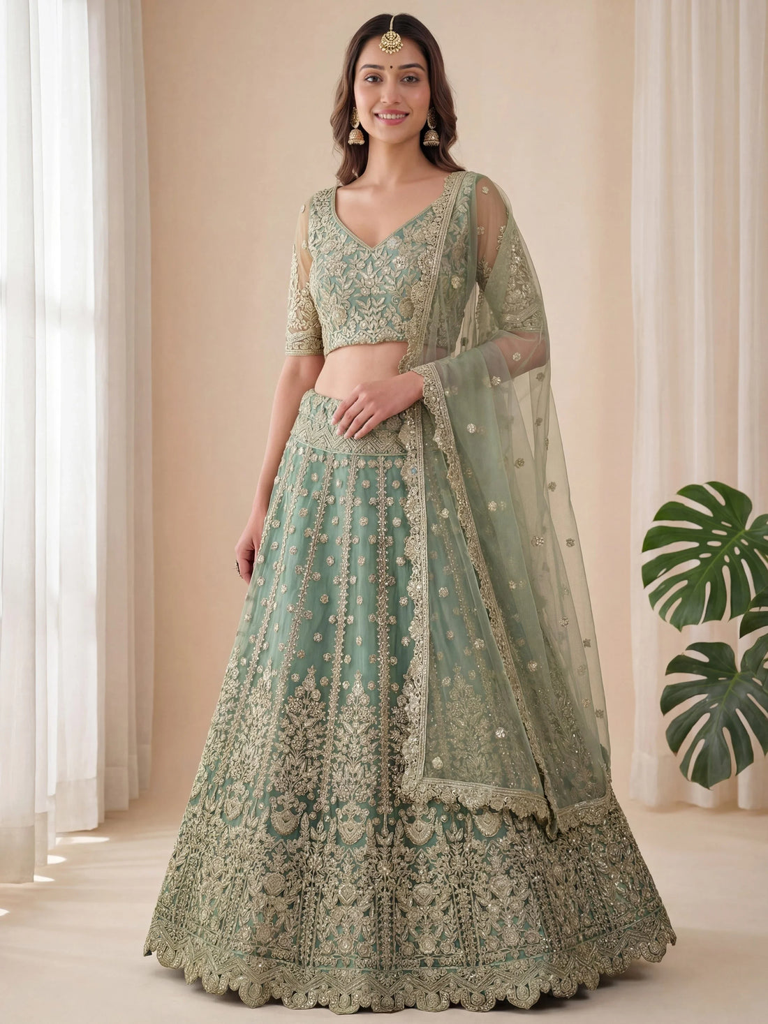 Excellent Mint Green Sequins Net Bridesmaid Lehenga Choli With Dupatta