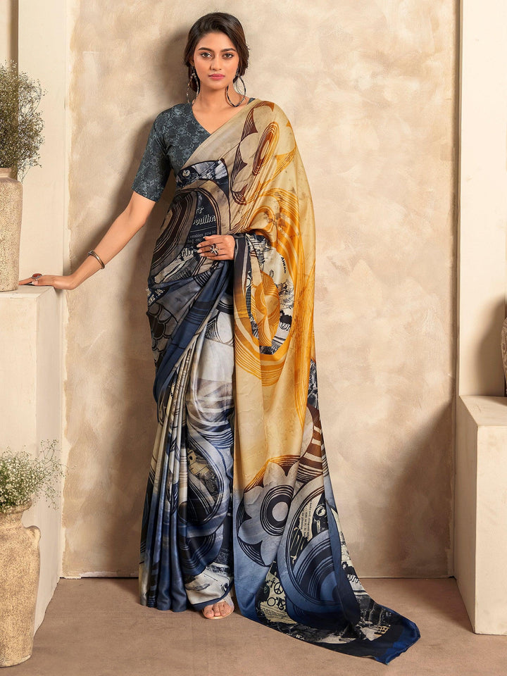 Excellent Multi-Color Digital Printed Satin Party Wear Saree