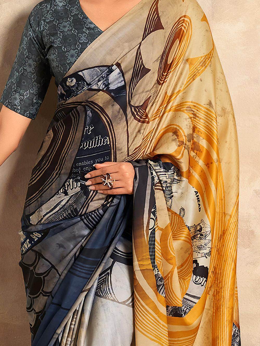 Excellent Multi-Color Digital Printed Satin Party Wear Saree - Zeel Clothing