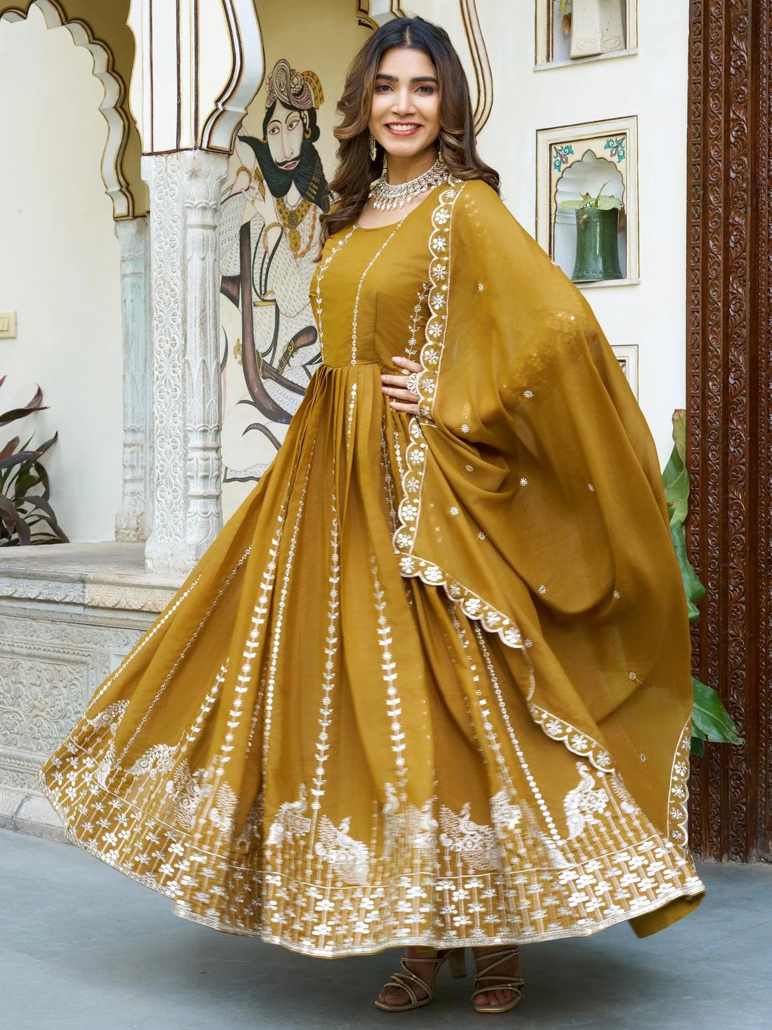 Excellent Mustard Yellow Sequins Georgette Traditional Gown With Dupatta
