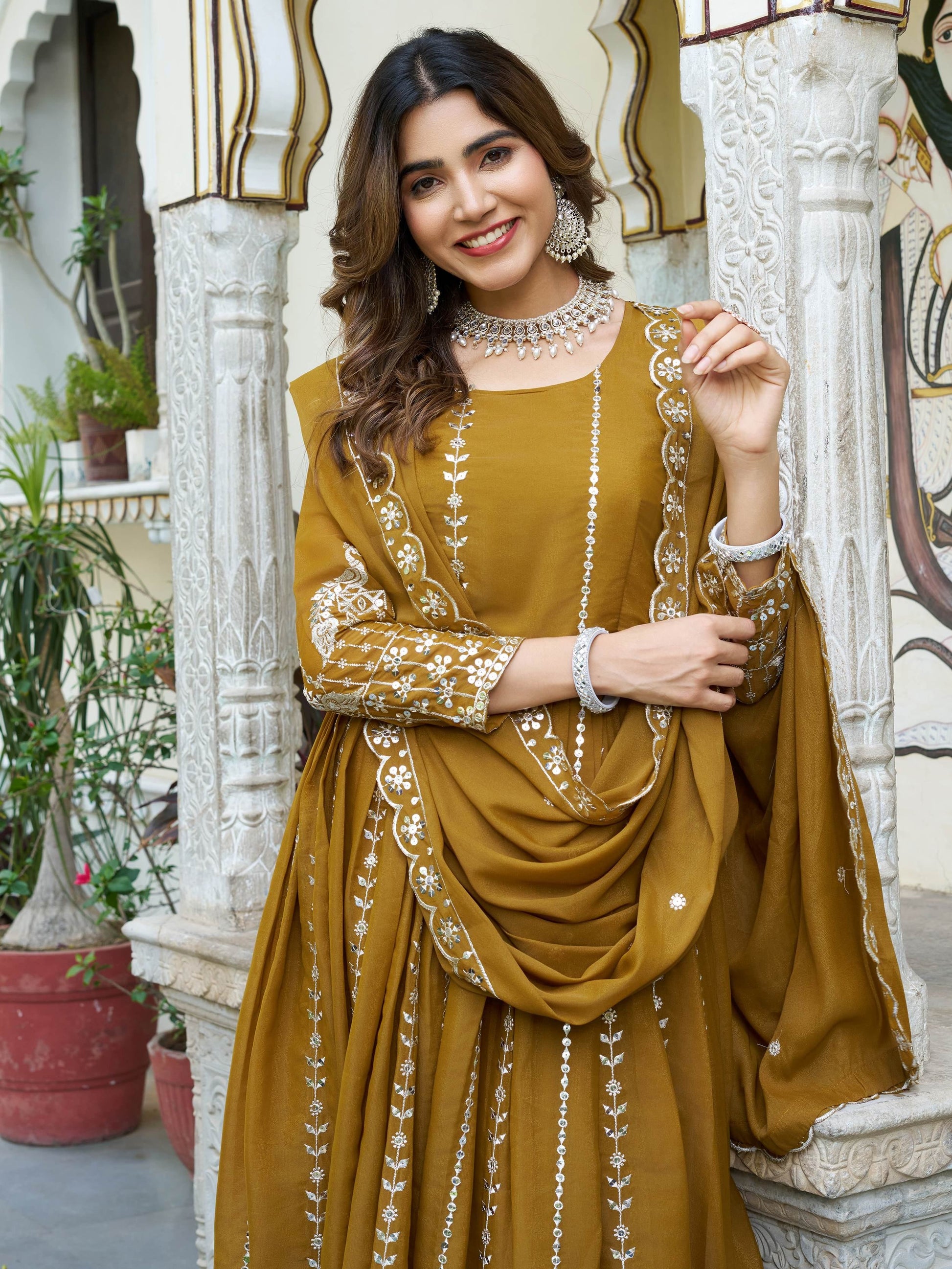 Excellent Mustard Yellow Sequins Georgette Traditional Gown With Dupatta