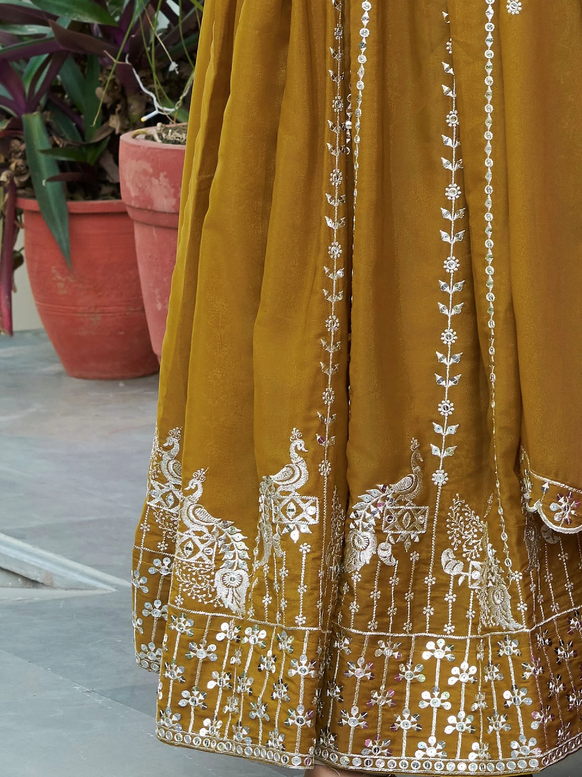 Excellent Mustard Yellow Sequins Georgette Traditional Gown With Dupatta