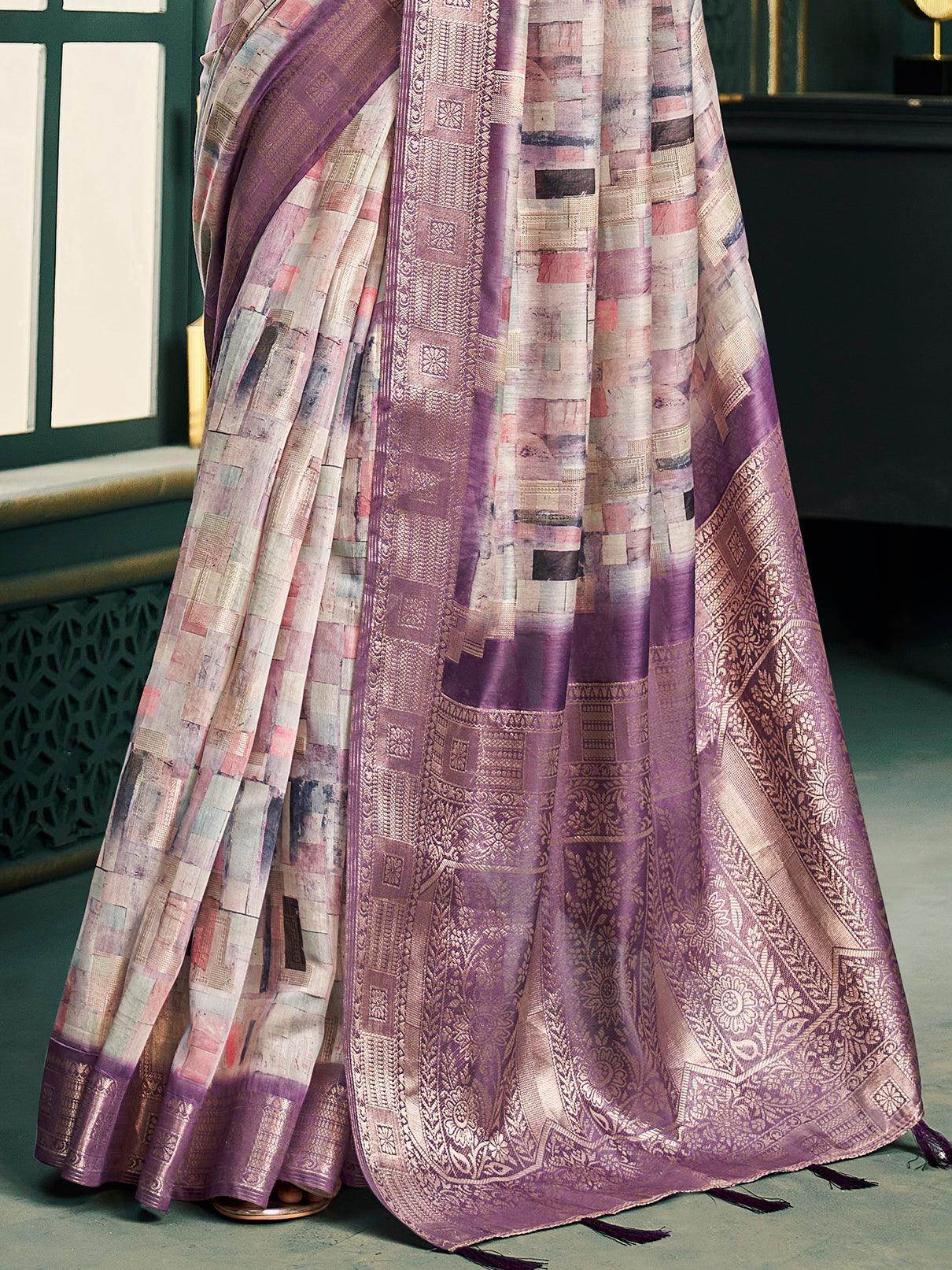 Excellent Off-White & Mauve Digital Printed Cotton Saree With blouse - Zeel Clothing