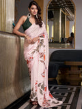 Excellent Off-White Floral Printed Satin Office Wear Saree With Blouse - Zeel Clothing