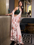 Excellent Off-White Floral Printed Satin Office Wear Saree With Blouse - Zeel Clothing