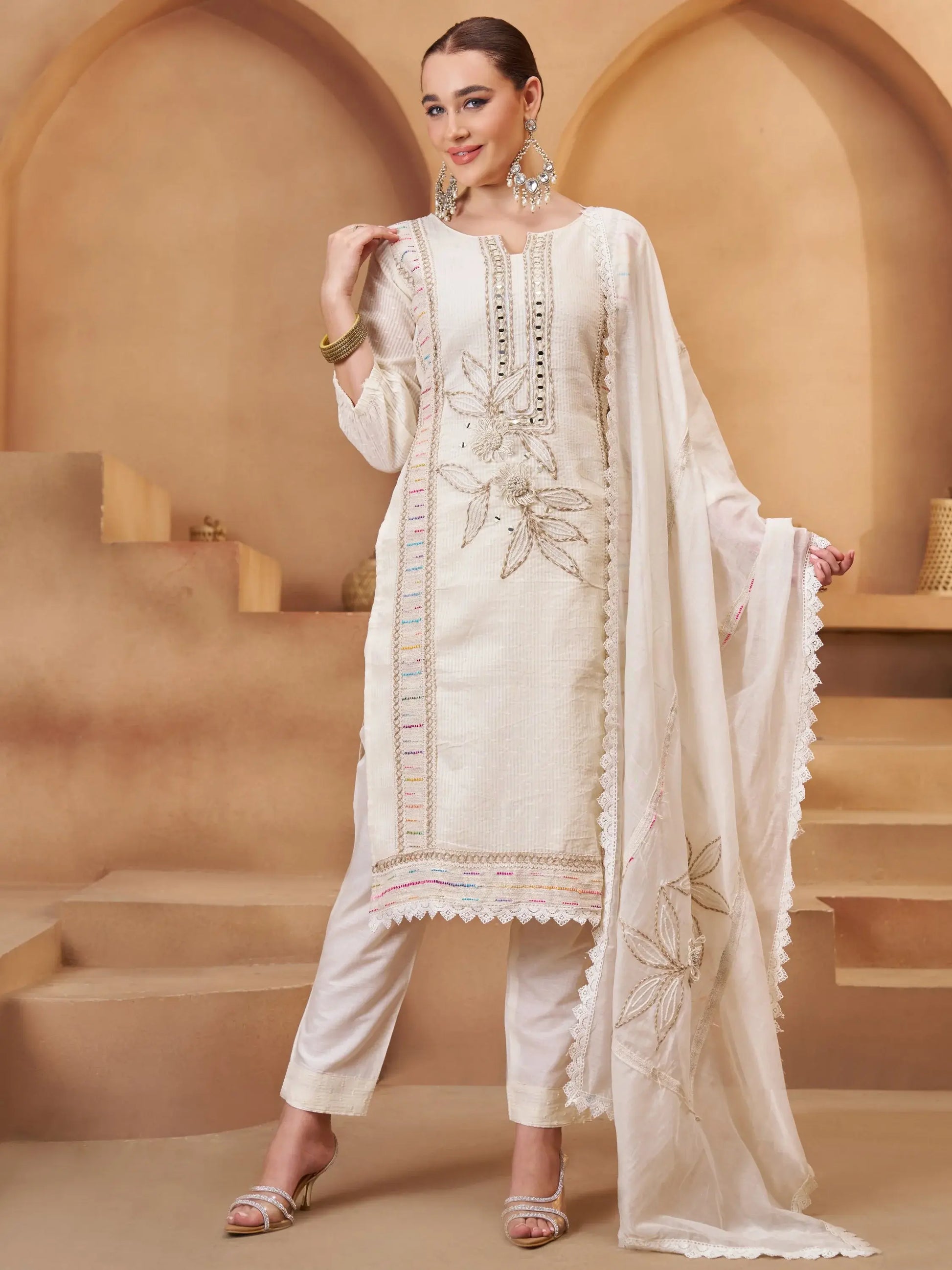 Excellent Off-White Joot Work Cotton Festive Wear Pant Suit With Dupatta - Zeel Clothing