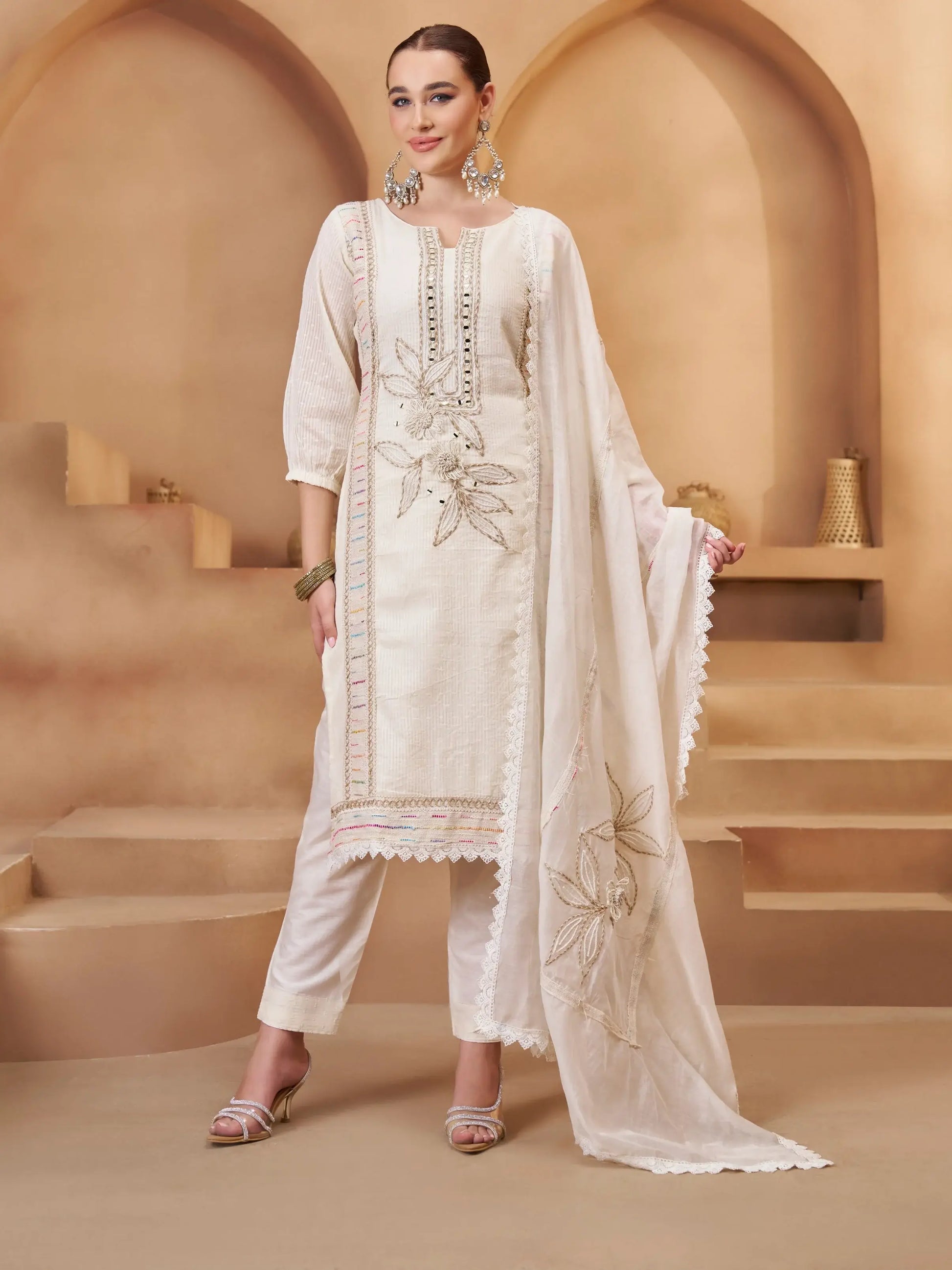 Excellent Off-White Joot Work Cotton Festive Wear Pant Suit With Dupatta - Zeel Clothing