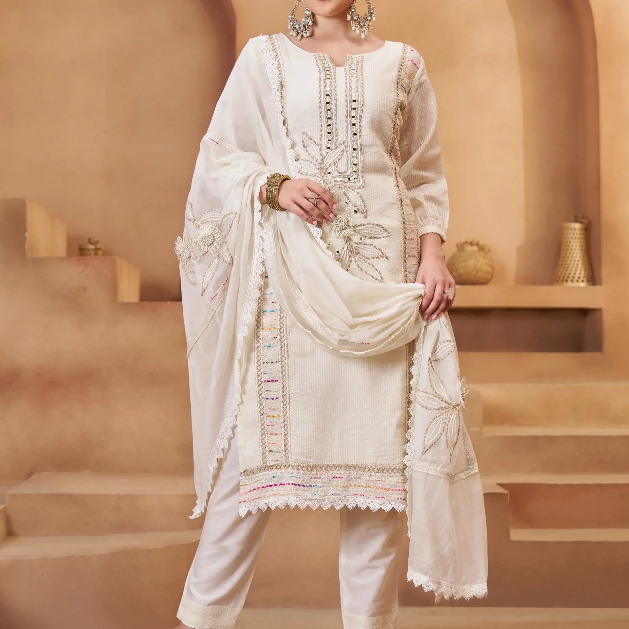 Excellent Off-White Joot Work Cotton Festive Wear Pant Suit With Dupatta - Zeel Clothing