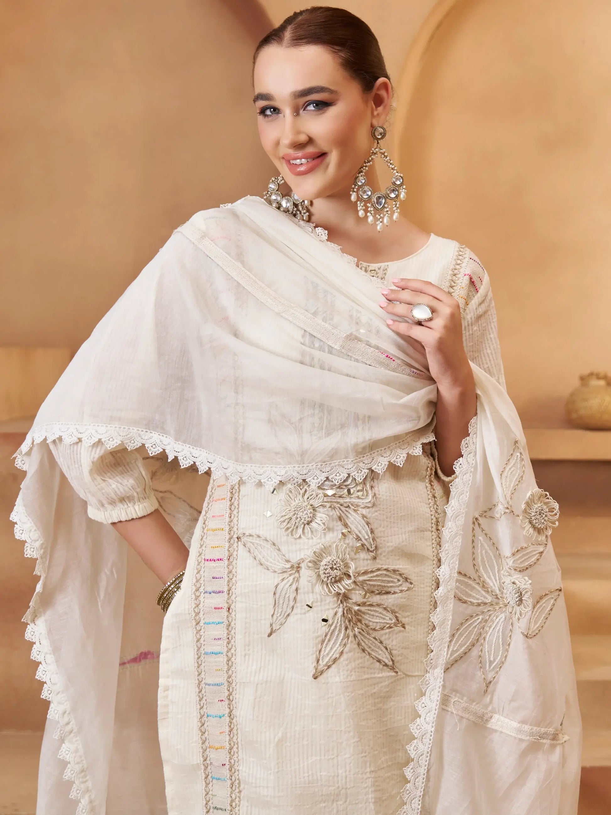 Excellent Off-White Joot Work Cotton Festive Wear Pant Suit With Dupatta - Zeel Clothing