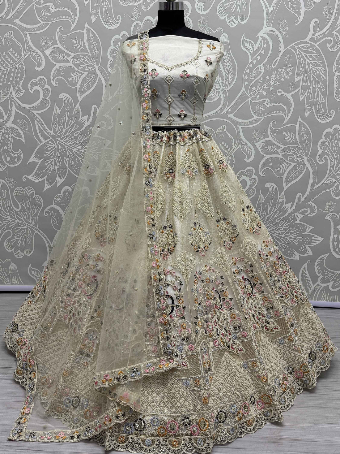 Excellent Off-White Lace Work Net Bridesmaid Lehenga Choli - Zeel Clothing