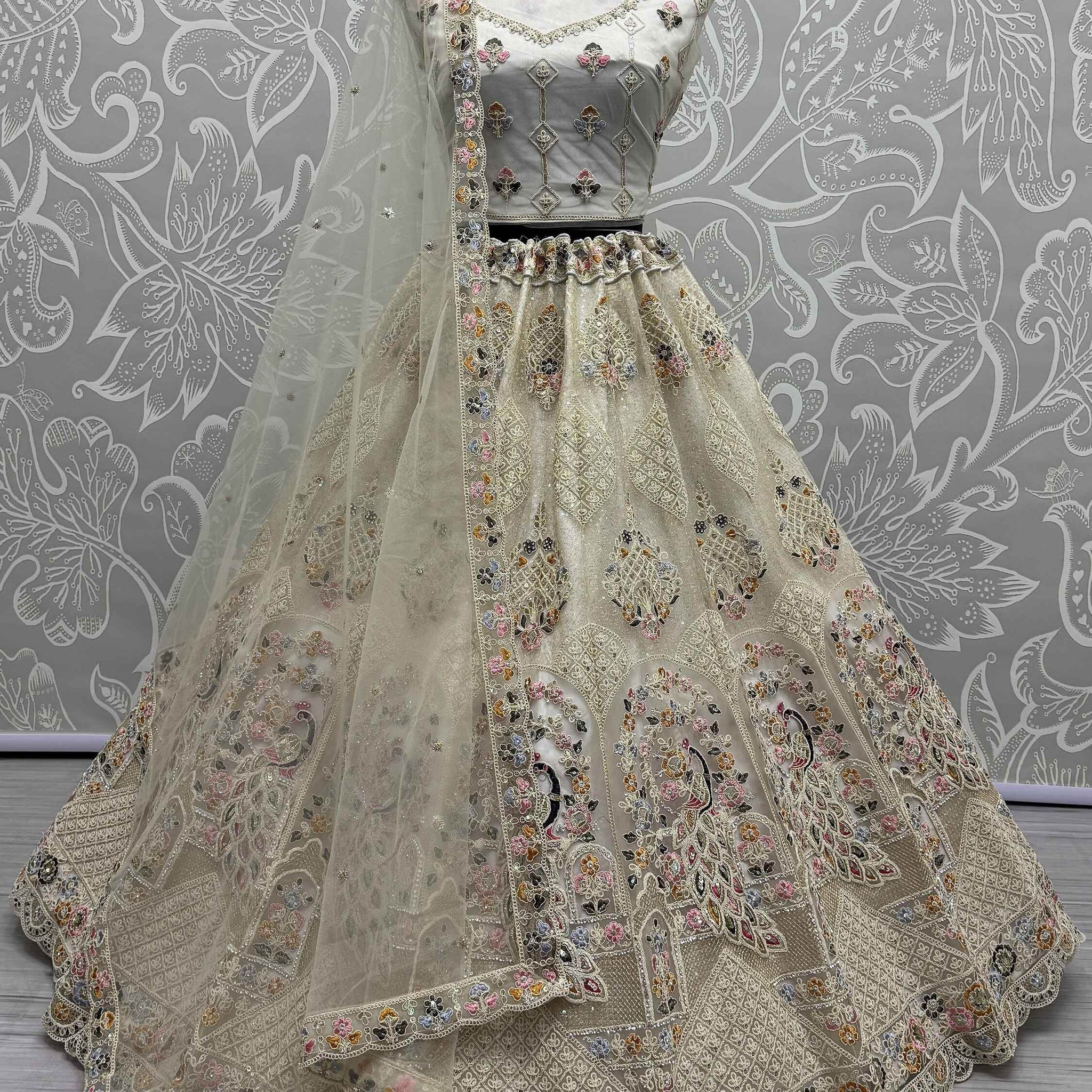 Excellent Off-White Lace Work Net Bridesmaid Lehenga Choli - Zeel Clothing