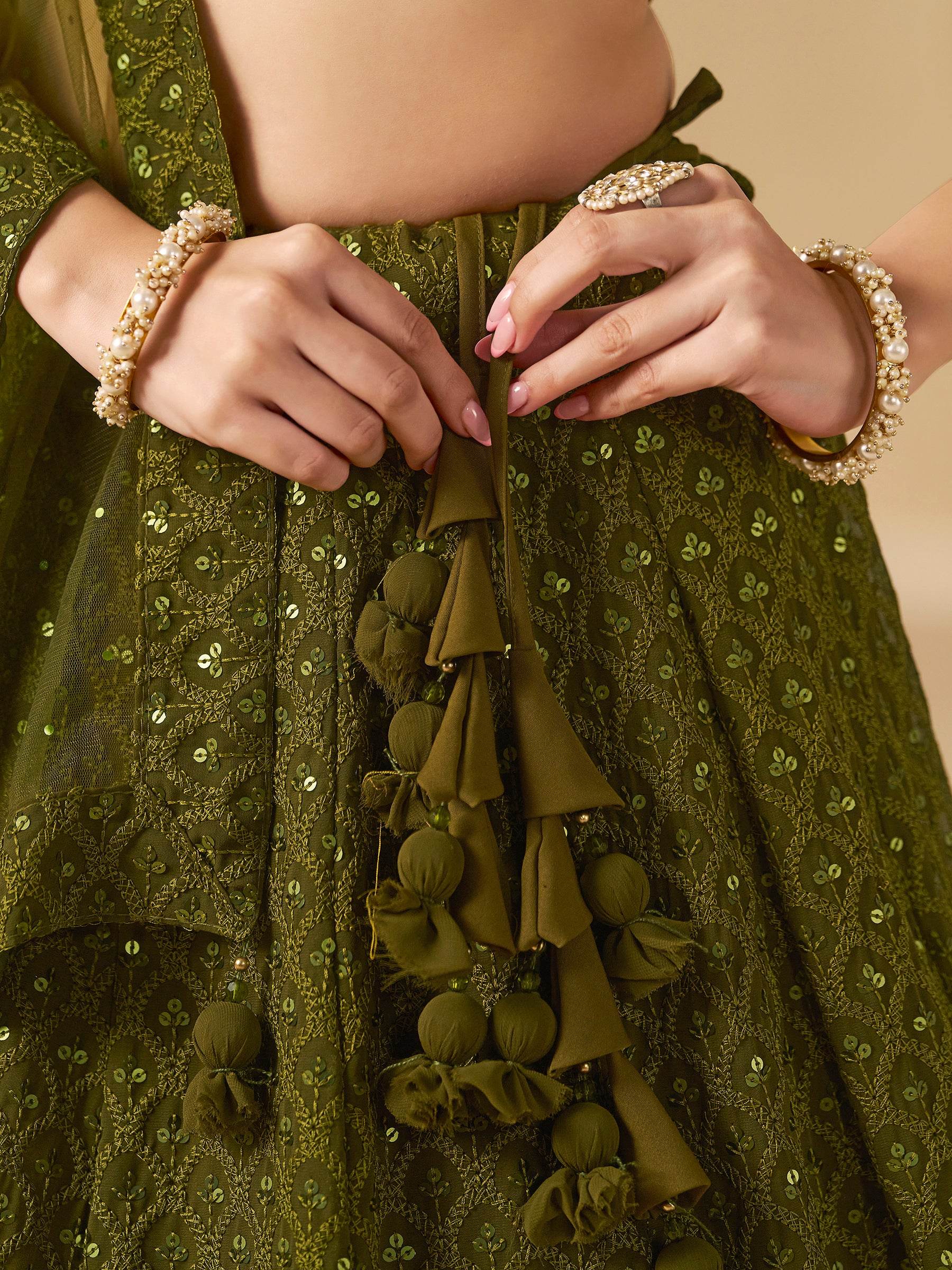 Excellent Olive Green Thread Work Georgette Wedding Lehenga Choli - Zeel Clothing
