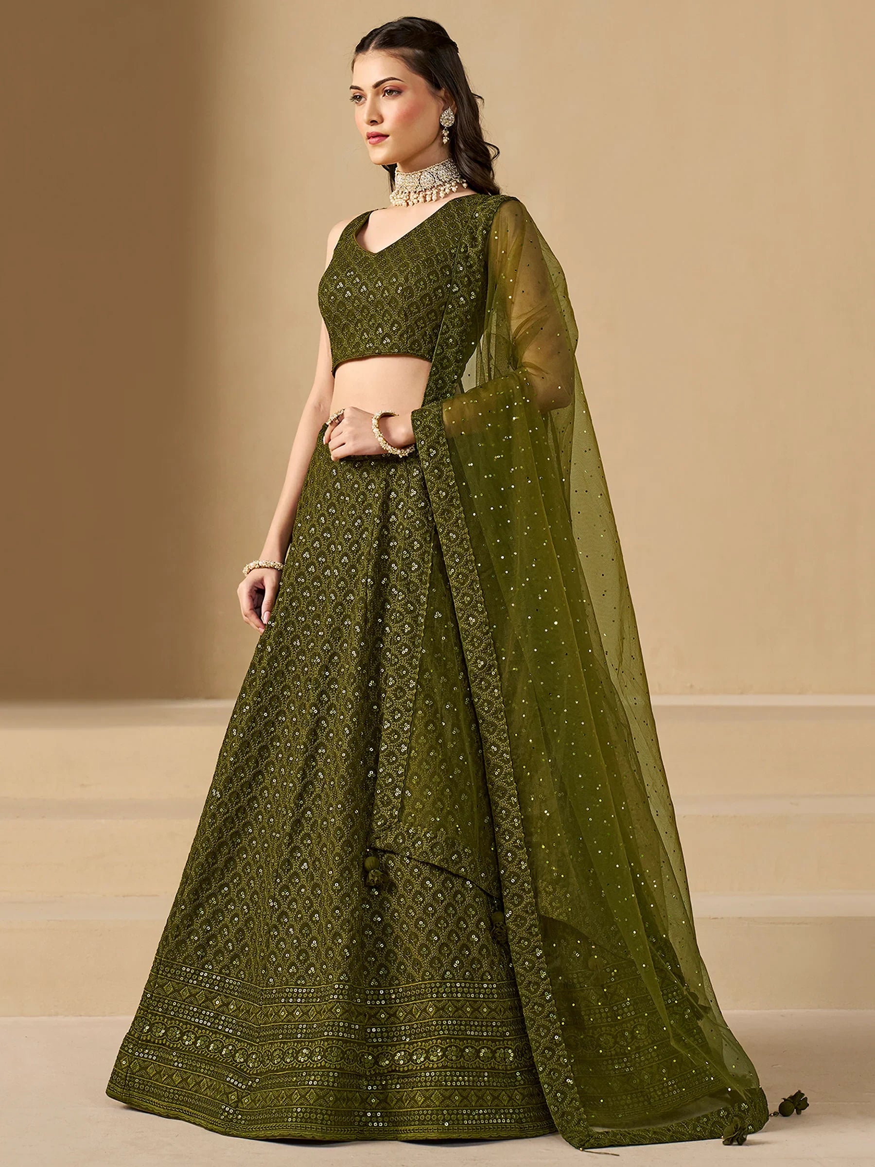 Excellent Olive Green Thread Work Georgette Wedding Lehenga Choli - Zeel Clothing