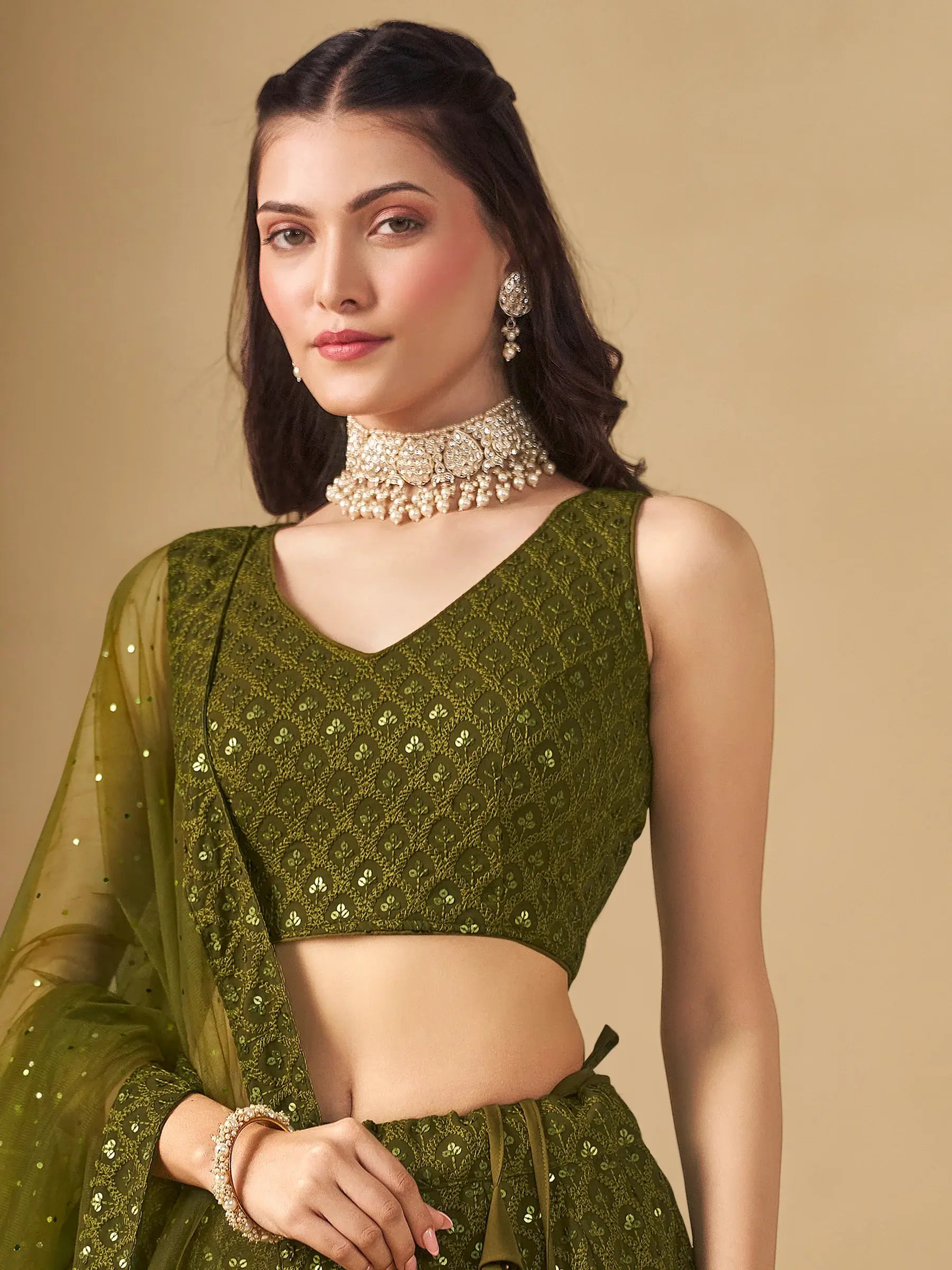 Excellent Olive Green Thread Work Georgette Wedding Lehenga Choli - Zeel Clothing