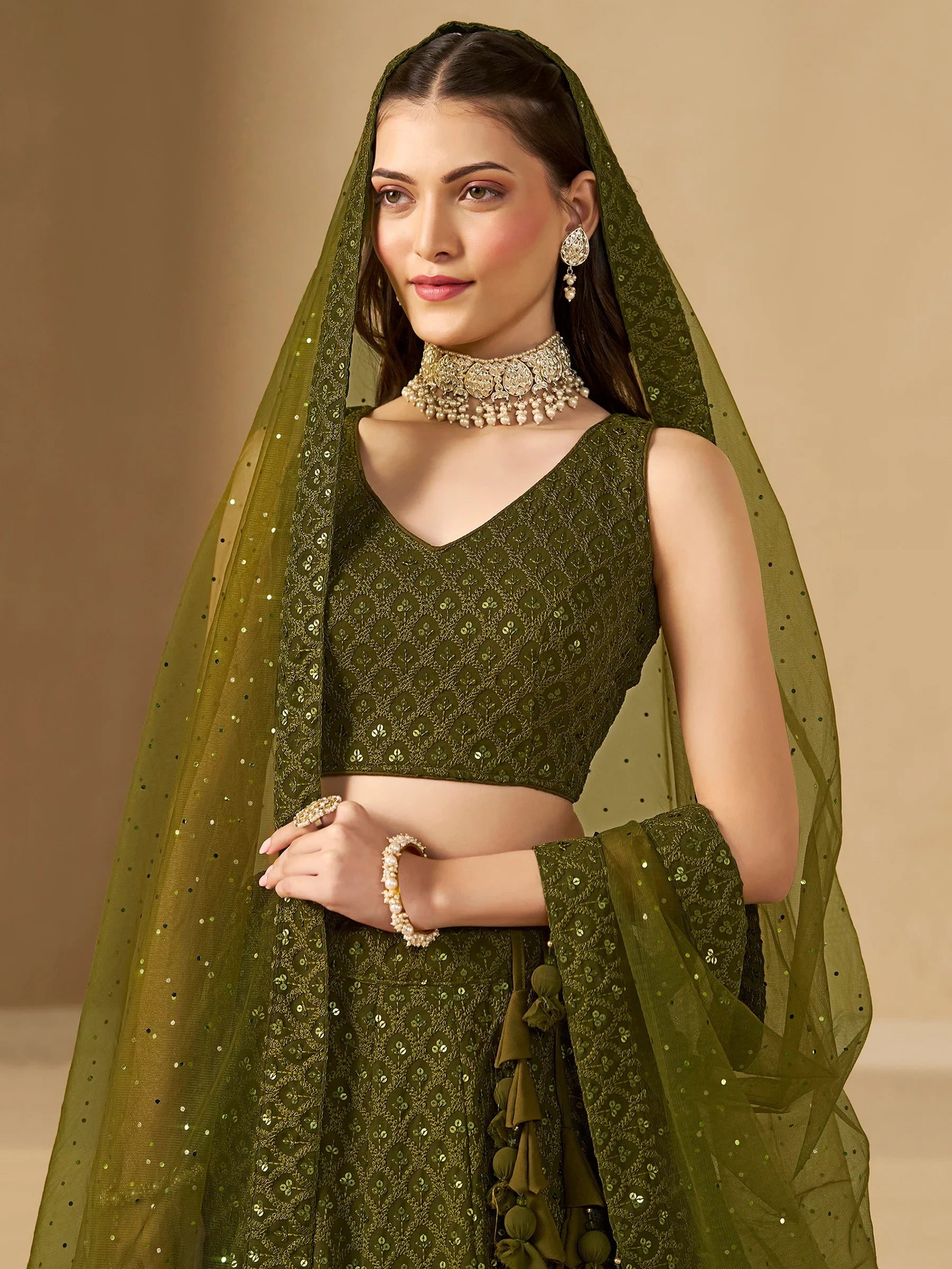 Excellent Olive Green Thread Work Georgette Wedding Lehenga Choli - Zeel Clothing