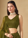 Excellent Olive Green Thread Work Georgette Wedding Lehenga Choli - Zeel Clothing