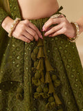 Excellent Olive Green Thread Work Georgette Wedding Lehenga Choli - Zeel Clothing