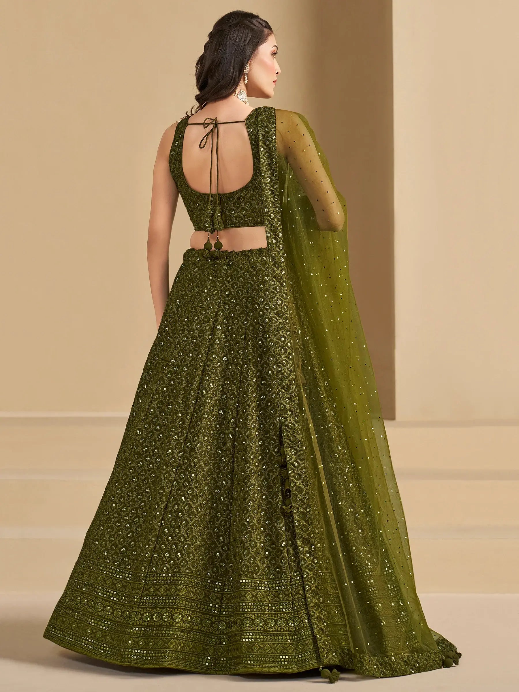 Excellent Olive Green Thread Work Georgette Wedding Lehenga Choli - Zeel Clothing