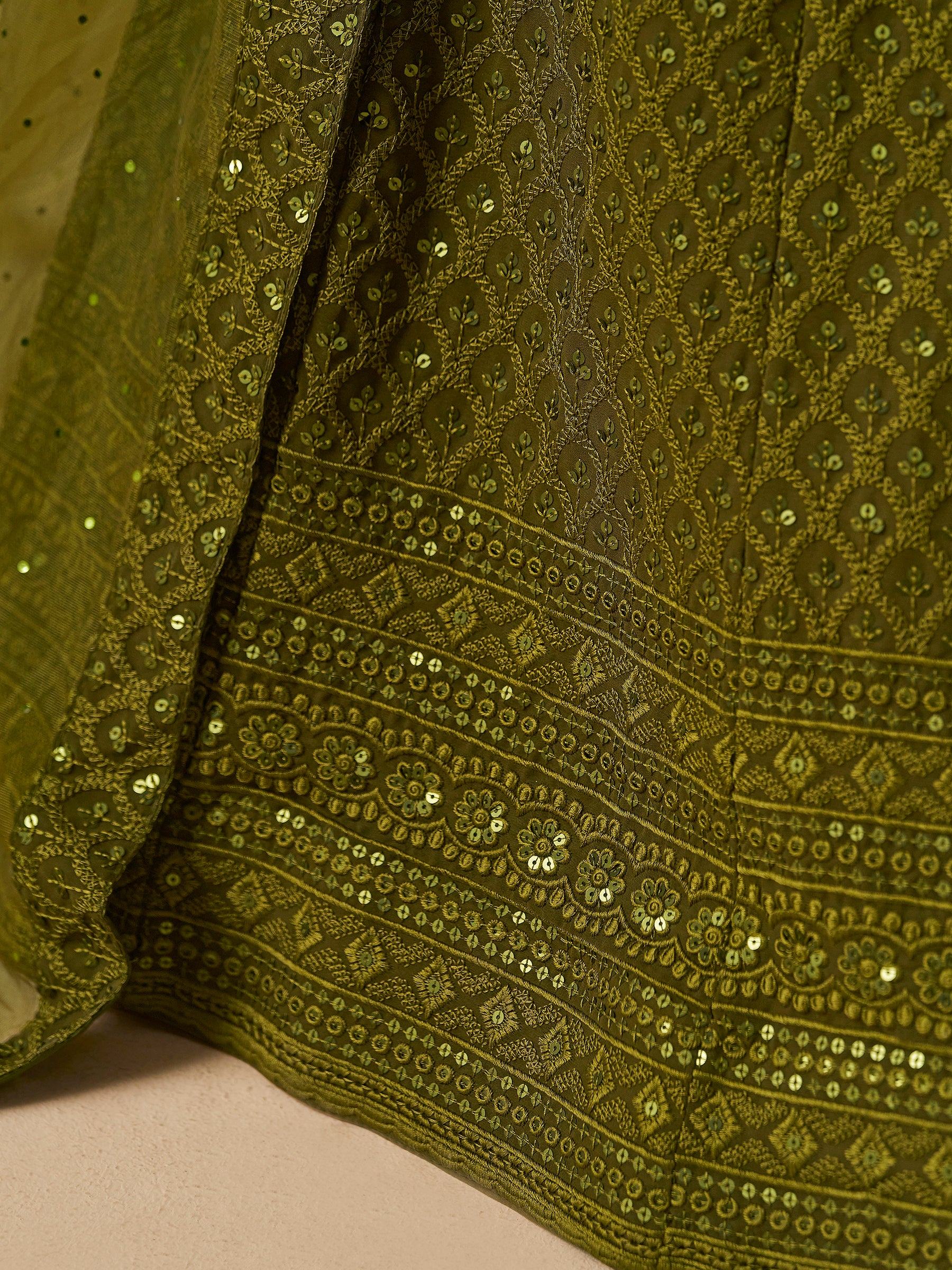 Excellent Olive Green Thread Work Georgette Wedding Lehenga Choli - Zeel Clothing