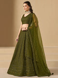 Excellent Olive Green Thread Work Georgette Wedding Lehenga Choli - Zeel Clothing