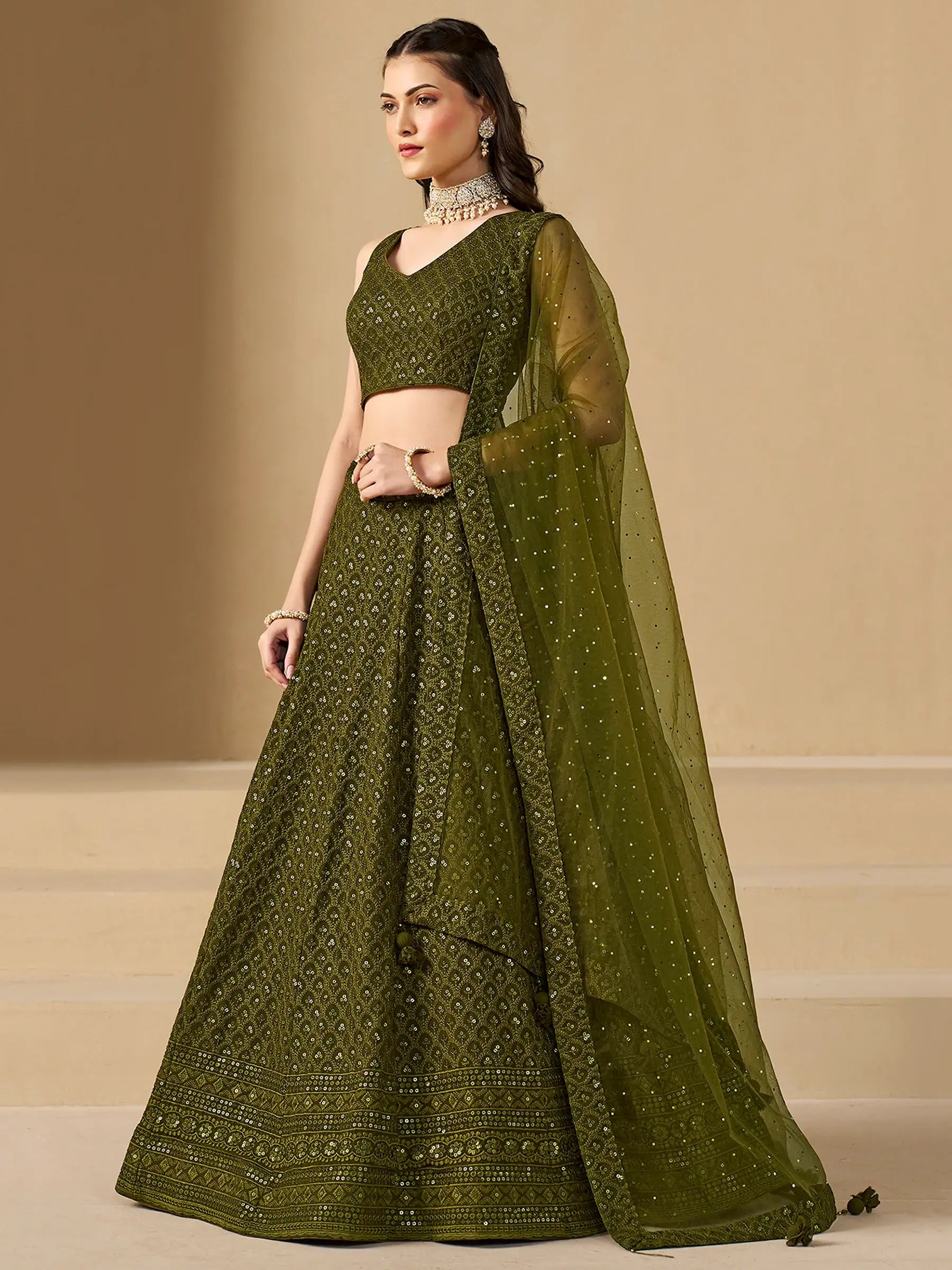Excellent Olive Green Thread Work Georgette Wedding Lehenga Choli - Zeel Clothing