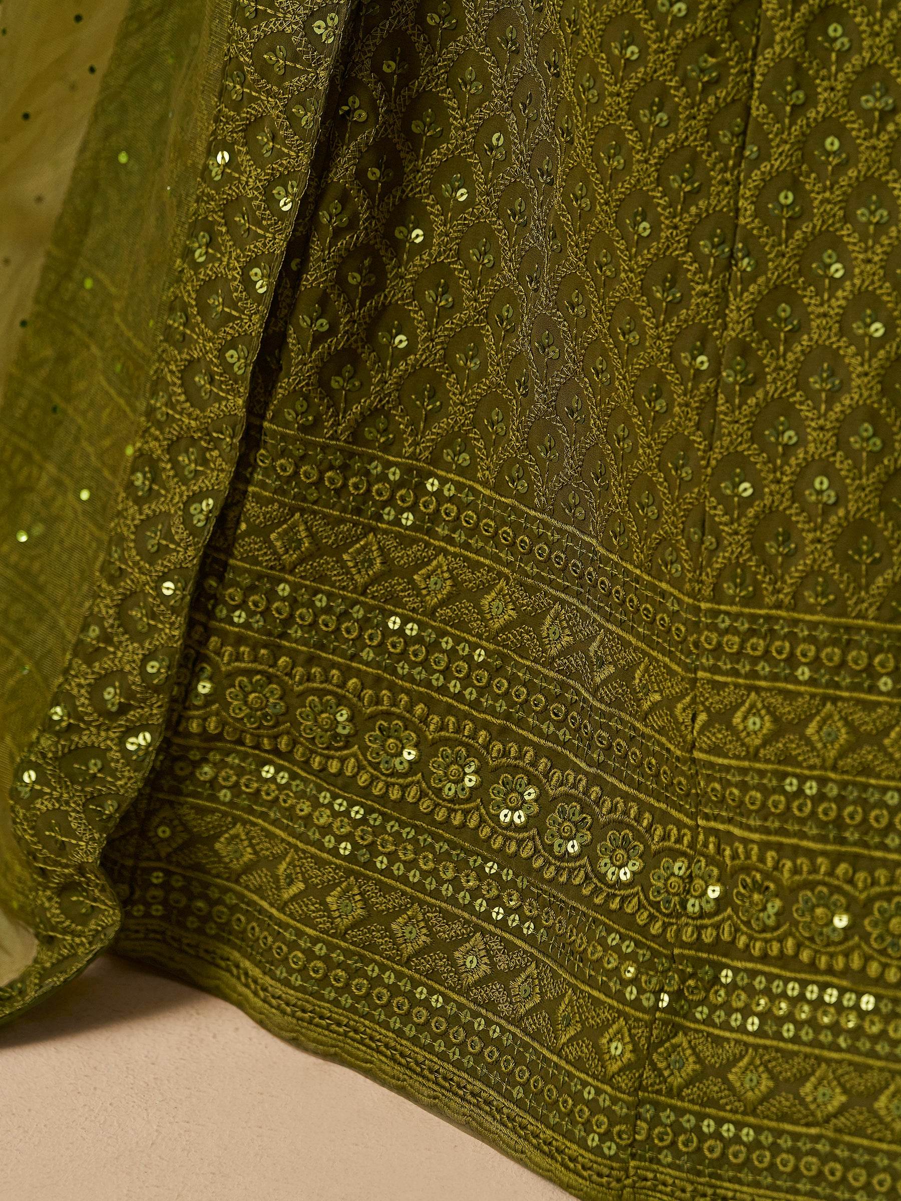 Excellent Olive Green Thread Work Georgette Wedding Lehenga Choli - Zeel Clothing