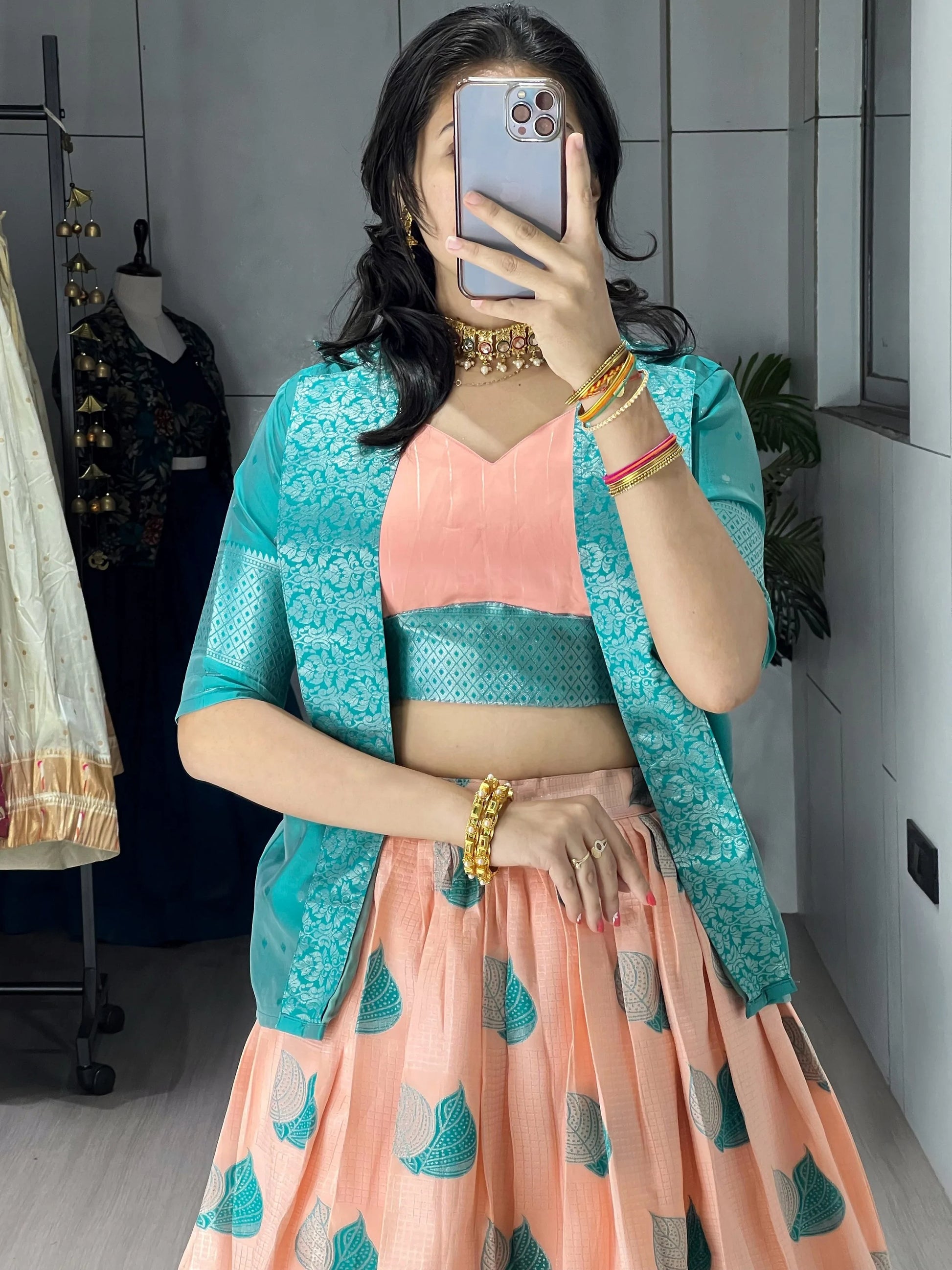 Excellent Peach Zari Weaving Jacquard Silk Festive Wear Lehenga Choli With Jacket