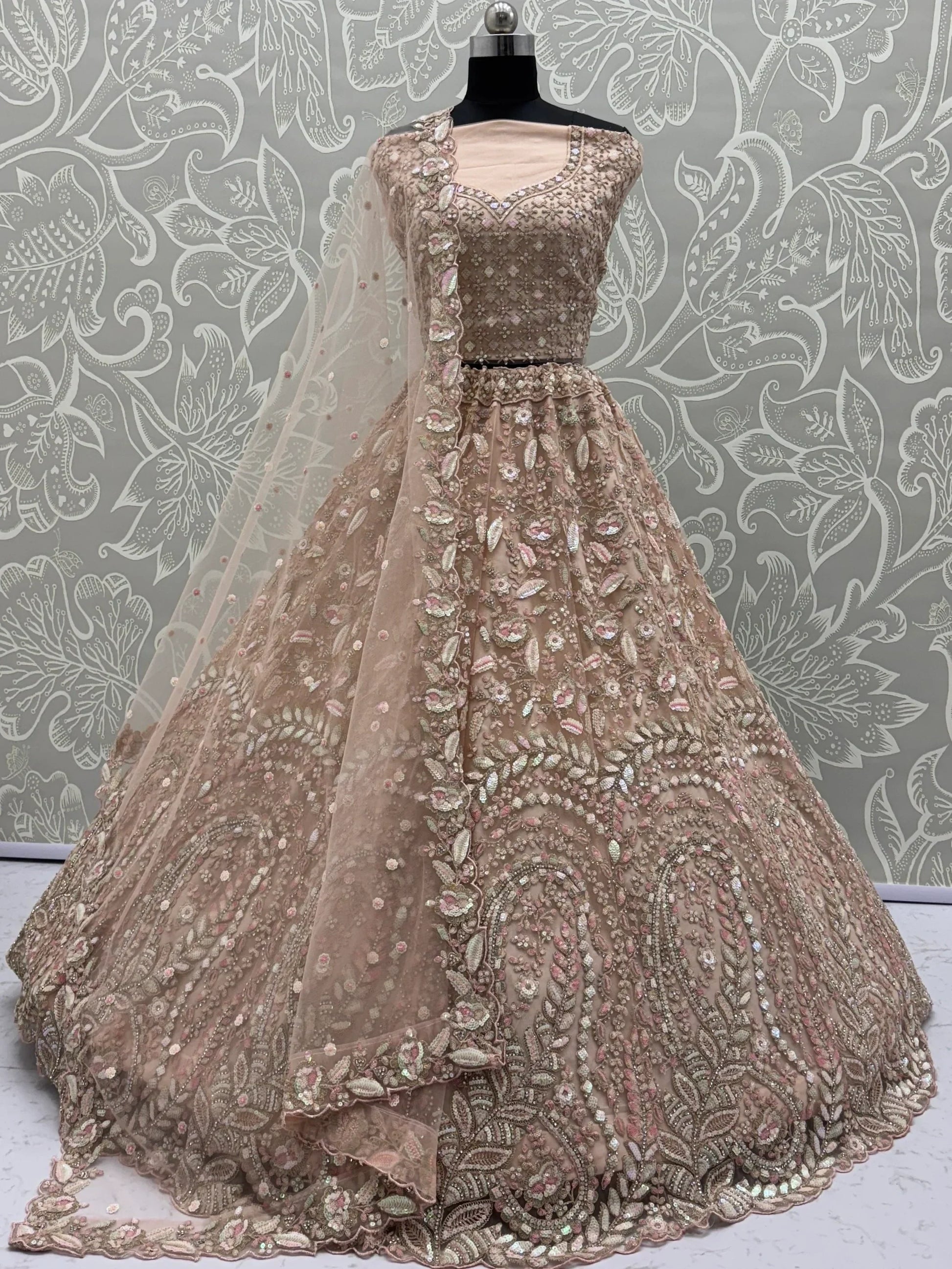 Excellent Peach Zircon Work Net Wedding Wear Lehenga Choli With Dupatta - Zeel Clothing