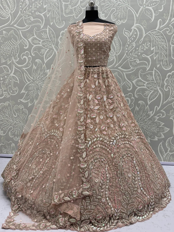 Excellent Peach Zircon Work Net Wedding Wear Lehenga Choli With Dupatta - Zeel Clothing