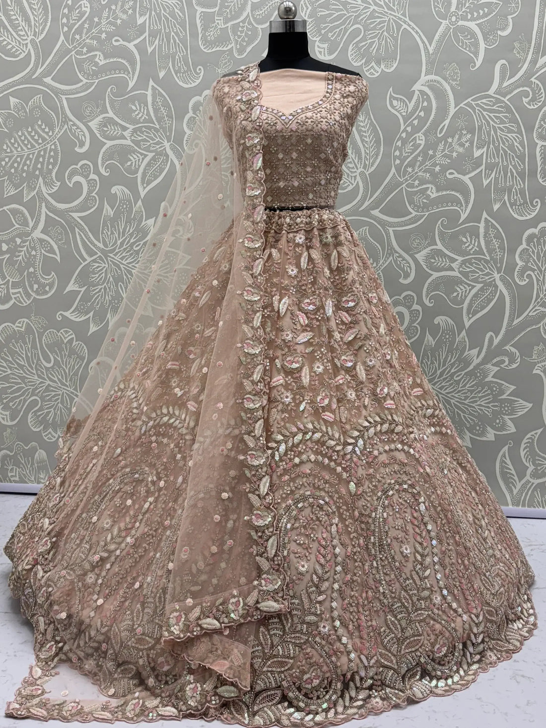 Excellent Peach Zircon Work Net Wedding Wear Lehenga Choli With Dupatta - Zeel Clothing
