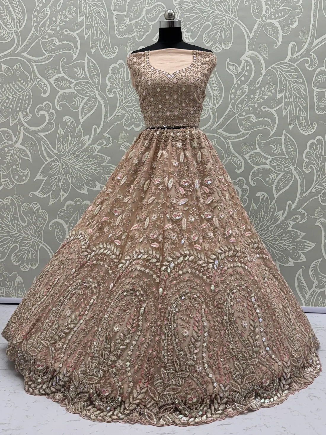 Excellent Peach Zircon Work Net Wedding Wear Lehenga Choli With Dupatta - Zeel Clothing
