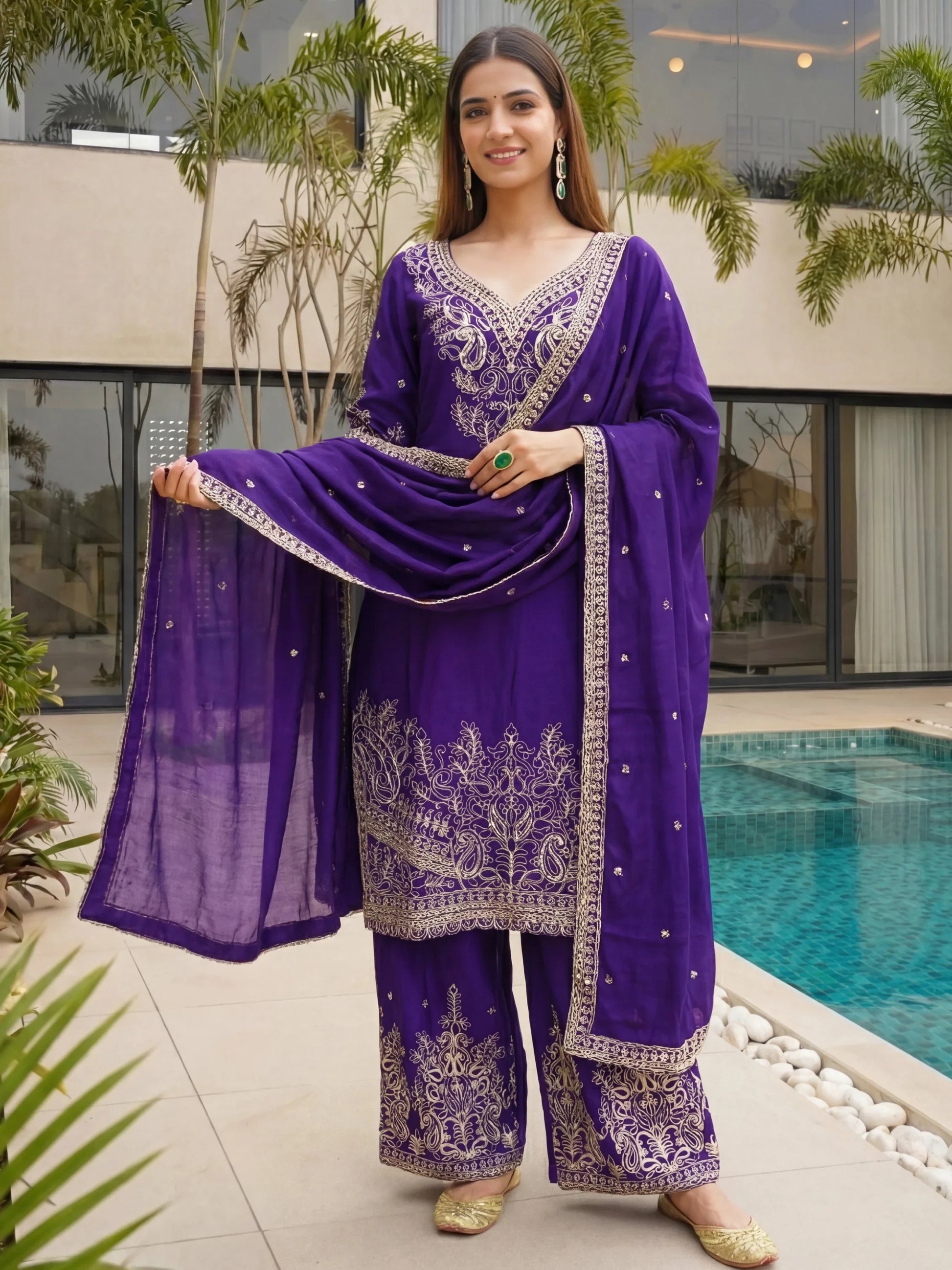 Excellent Purple Embroidered Chinon Festive Wear Palazzo Suit