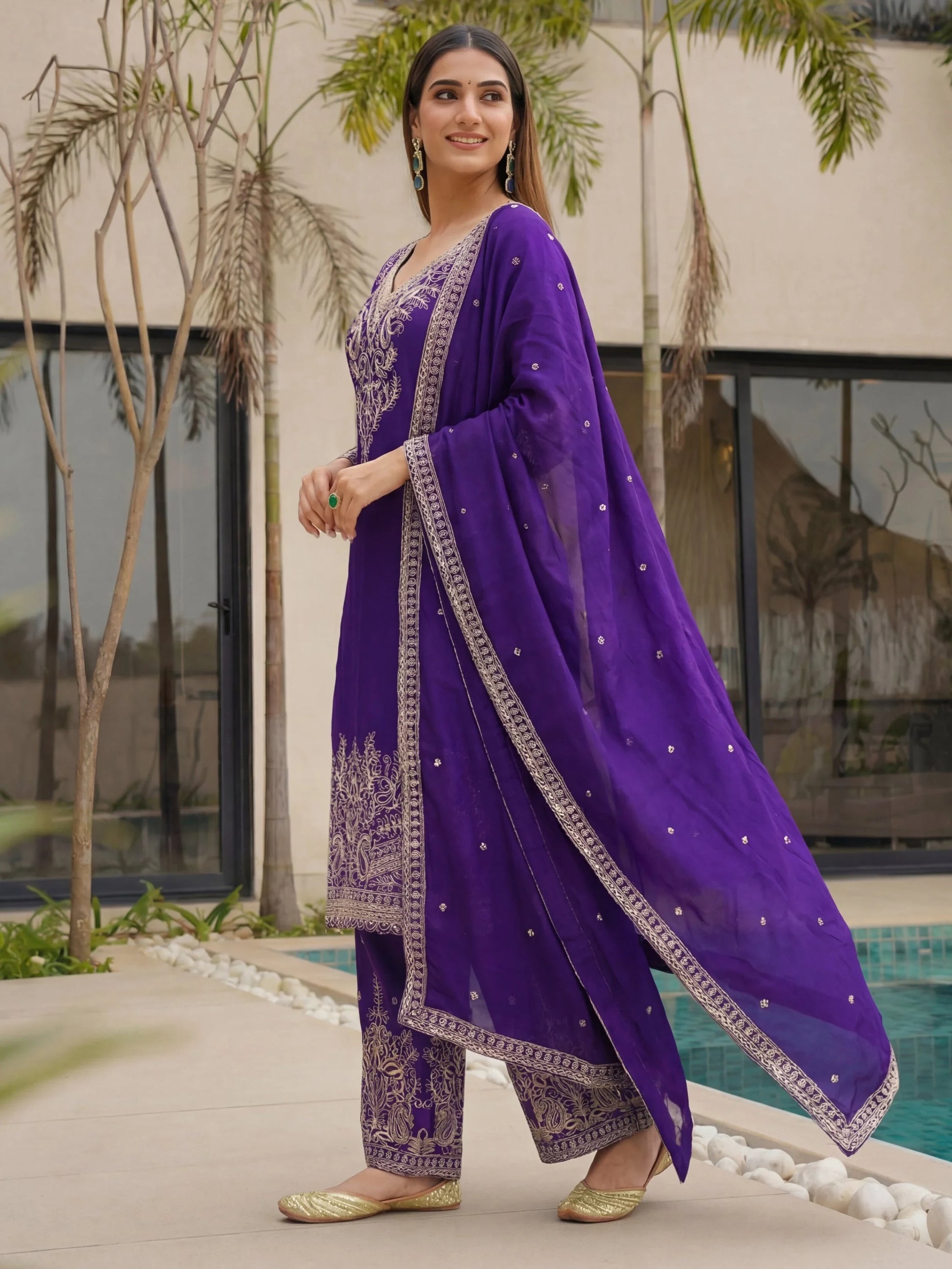 Excellent Purple Embroidered Chinon Festive Wear Palazzo Suit