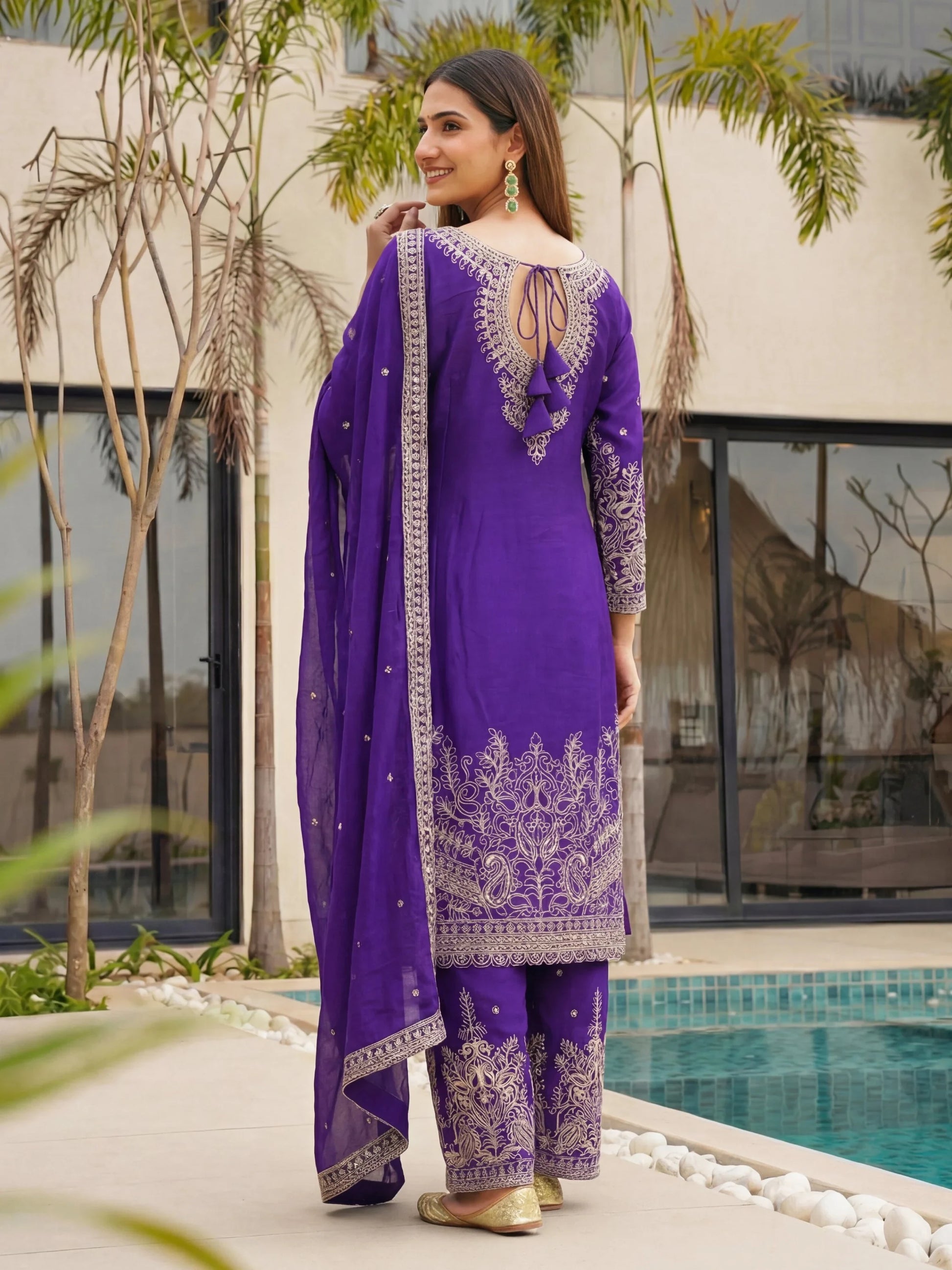 Excellent Purple Embroidered Chinon Festive Wear Palazzo Suit