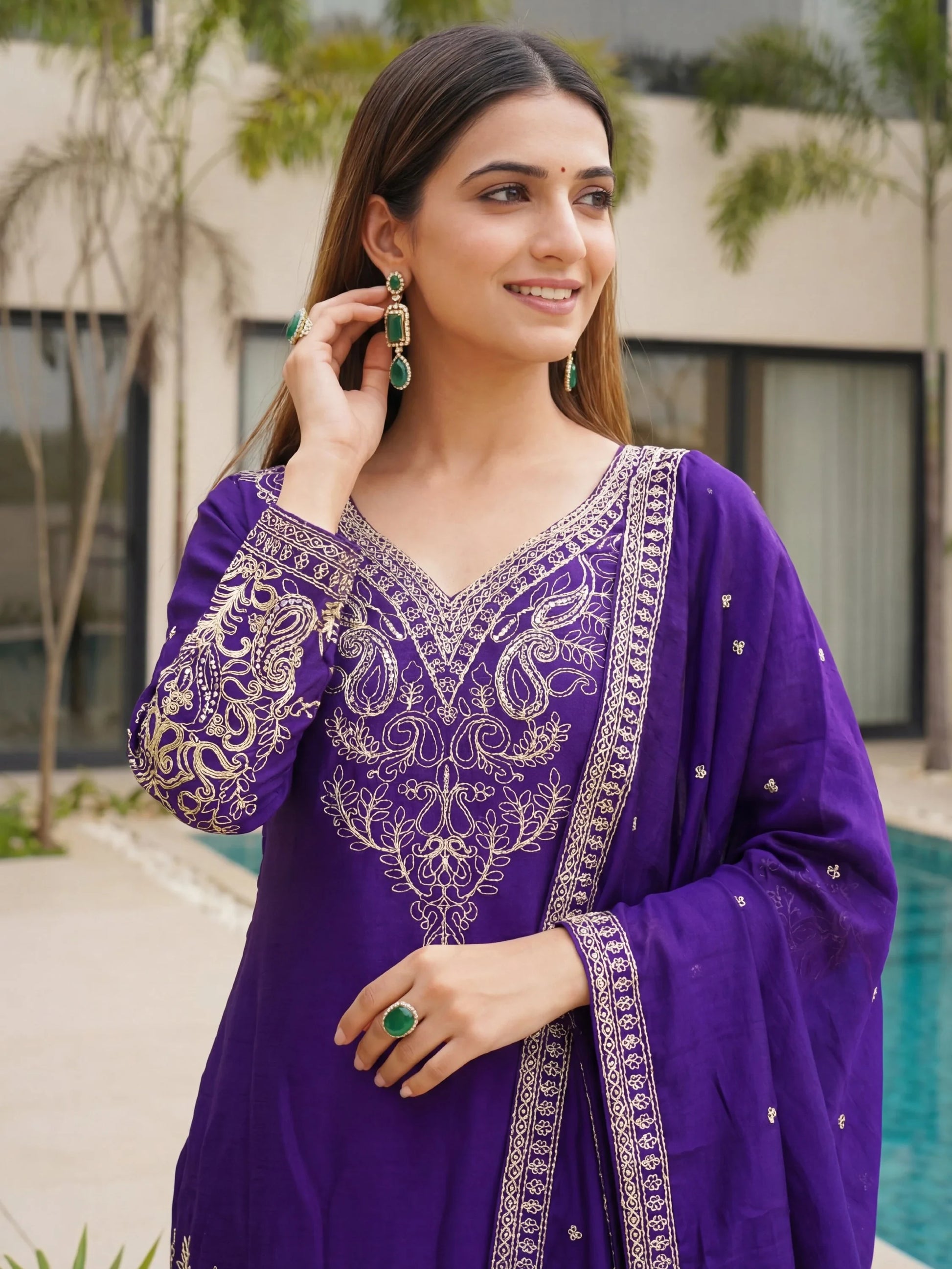 Excellent Purple Embroidered Chinon Festive Wear Palazzo Suit