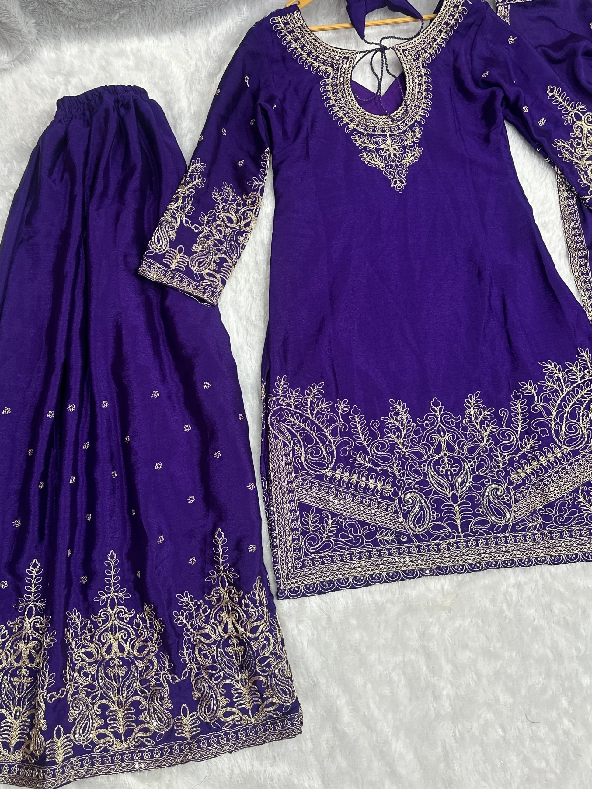 Excellent Purple Embroidered Chinon Festive Wear Palazzo Suit