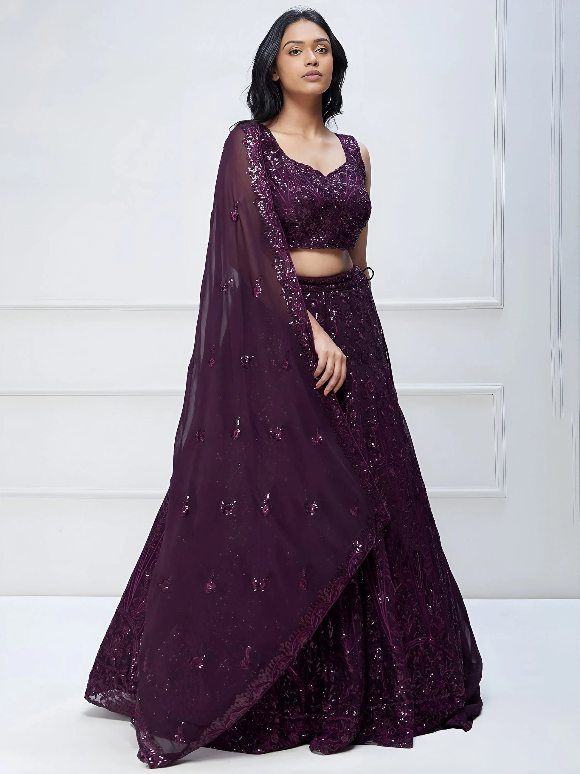 Excellent Purple Sequins Georgette Reception Wear Lehenga Choli