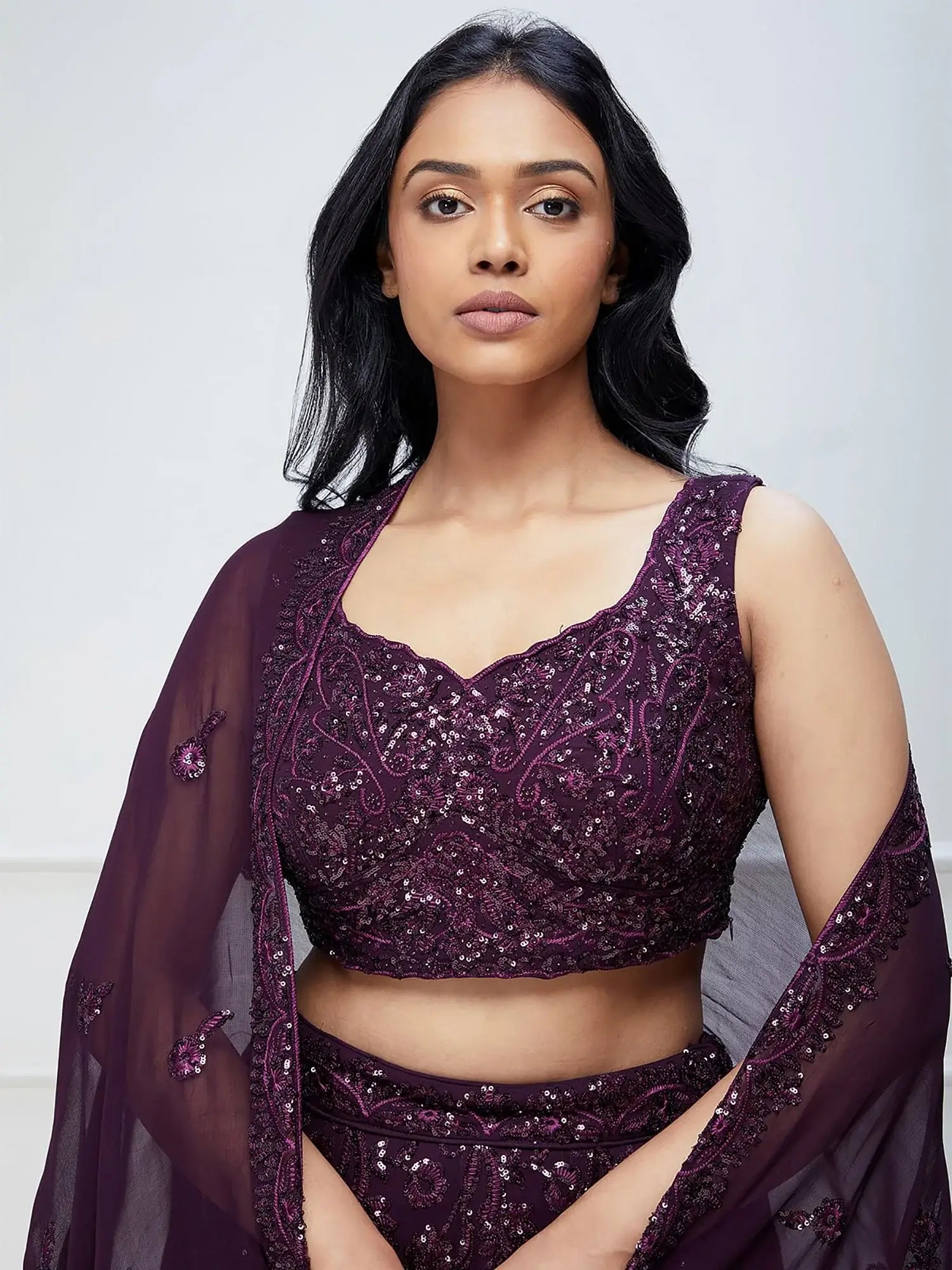 Excellent Purple Sequins Georgette Reception Wear Lehenga Choli - Zeel Clothing